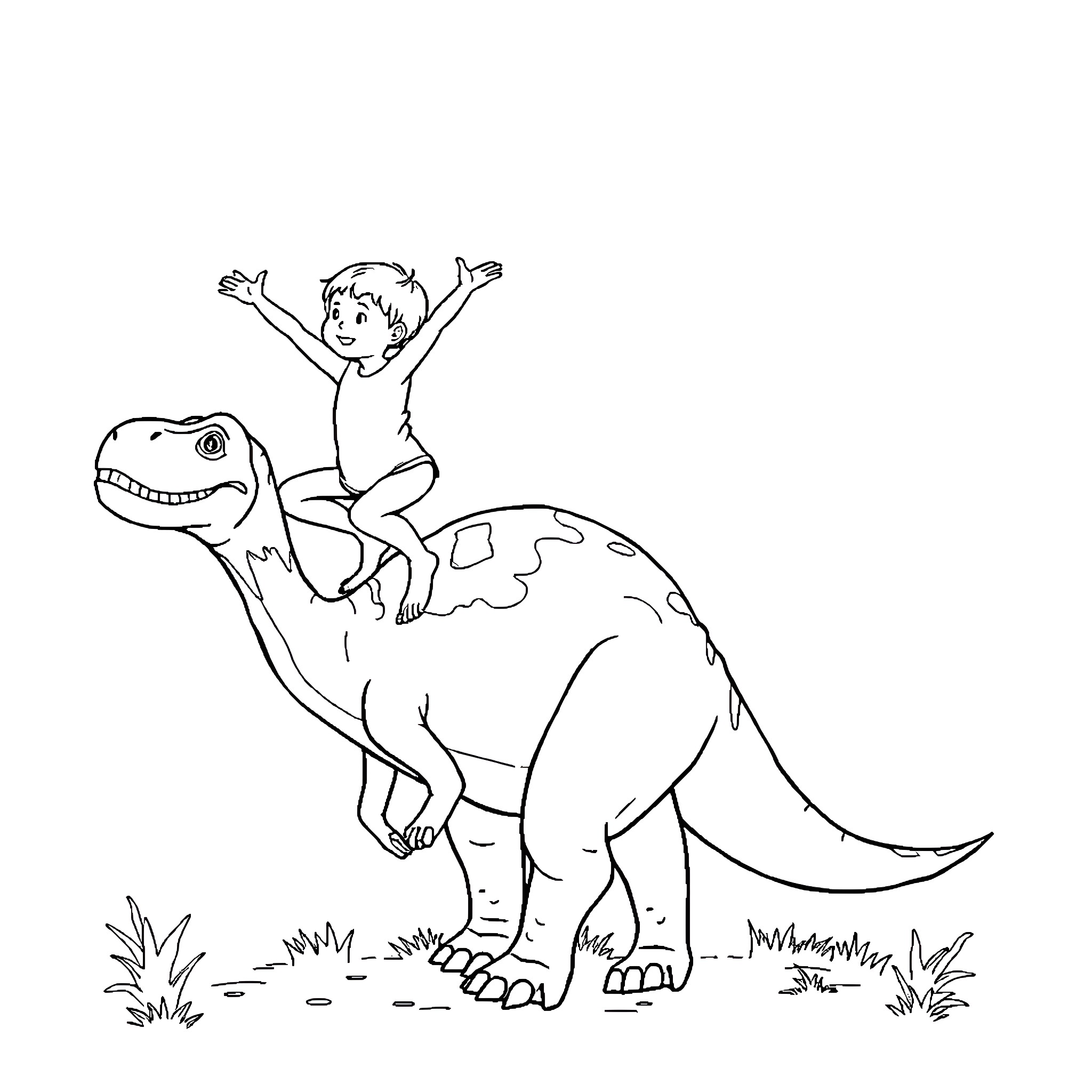 Child riding happily on a dinosaur Coloring Page (free black-and-white line drawing printable PDF for all, from beginners to advanced learners, including children, teens, adults, and seniors)