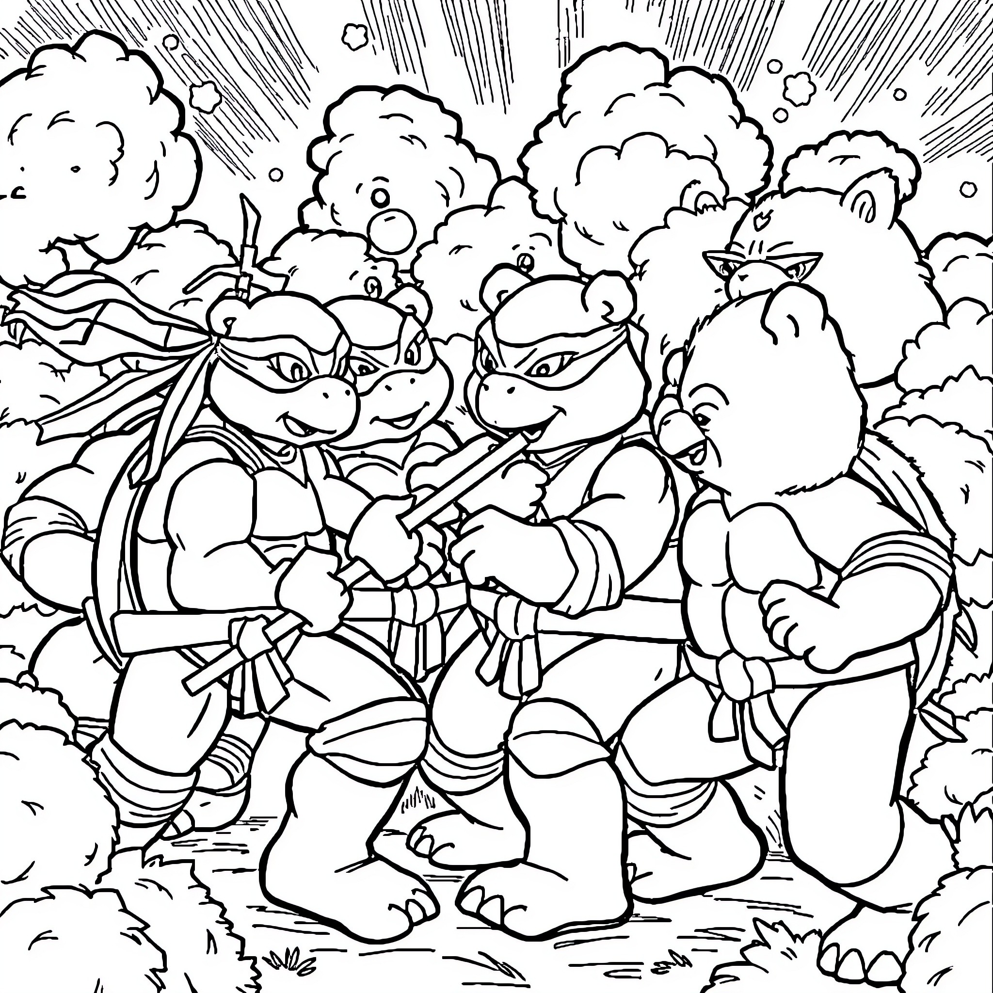 Ninja Turtle Turtles in Action-Packed Struggle Coloring Page (free black-and-white line drawing printable PDF for all, from beginners to advanced learners, including children, teens, adults, and seniors)