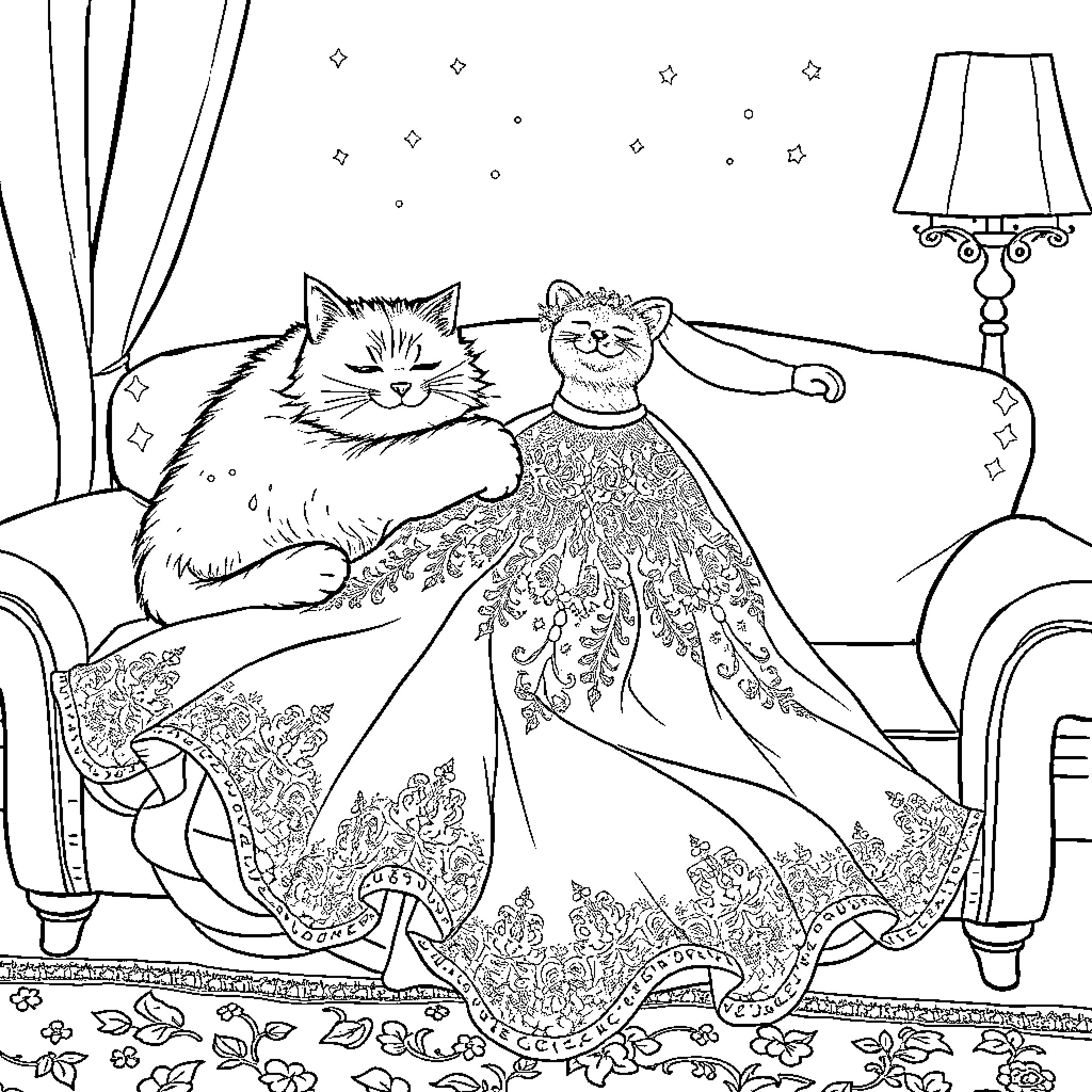 Cat relaxing with its human companion on the couch Coloring Page (free black-and-white line drawing printable PDF for all, from beginners to advanced learners, including children, teens, adults, and seniors)