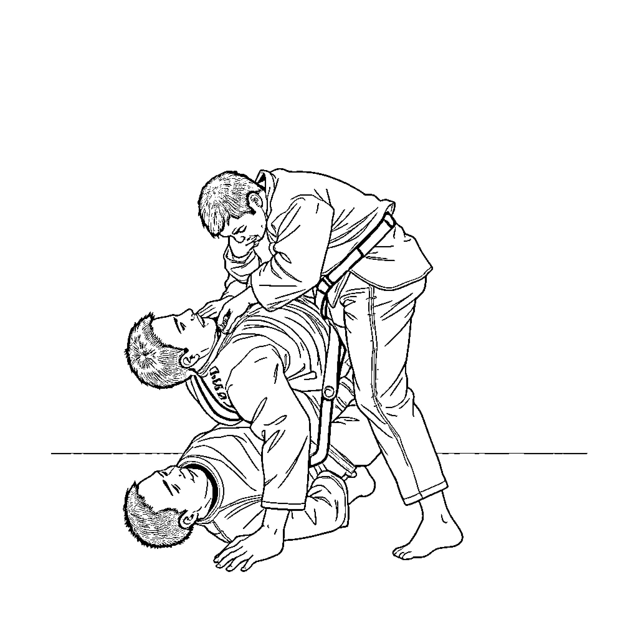 BJJ Grappling Match with Intense Expressions Coloring Page (free black-and-white line drawing printable PDF for all, from beginners to advanced learners, including children, teens, adults, and seniors)