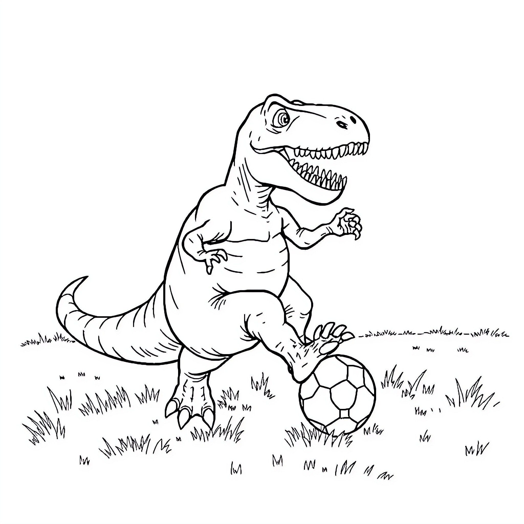 D-rex playing with soccer ball in the park Coloring Page (free black-and-white line drawing printable PDF for all, from beginners to advanced learners, including children, teens, adults, and seniors)