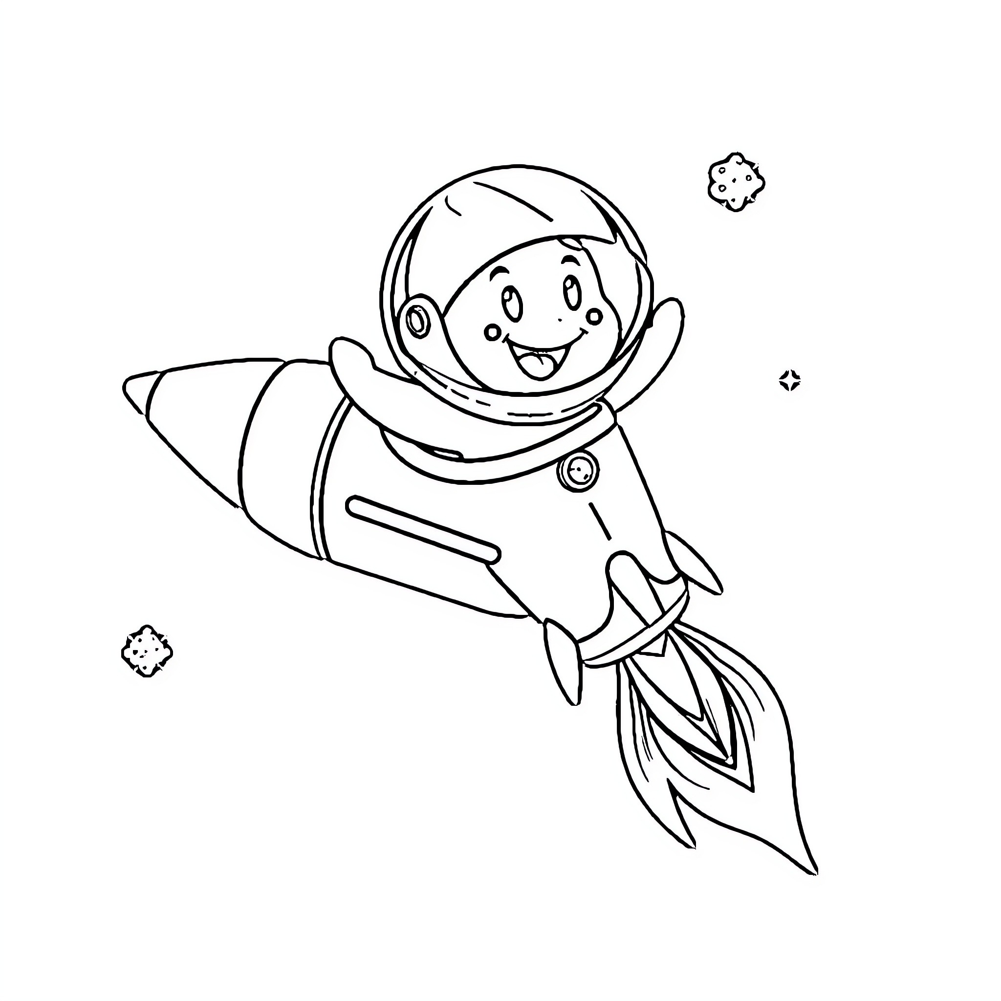 Seastar astronaut flying joyfully in rocket Coloring Page (free black-and-white line drawing printable PDF for all, from beginners to advanced learners, including children, teens, adults, and seniors)