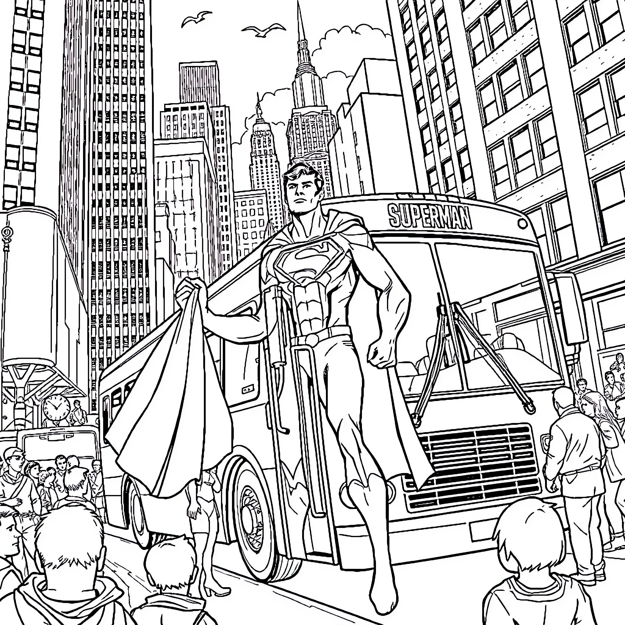 Superman soaring over the bustling city streets Coloring Page (free black-and-white line drawing printable PDF for all, from beginners to advanced learners, including children, teens, adults, and seniors)