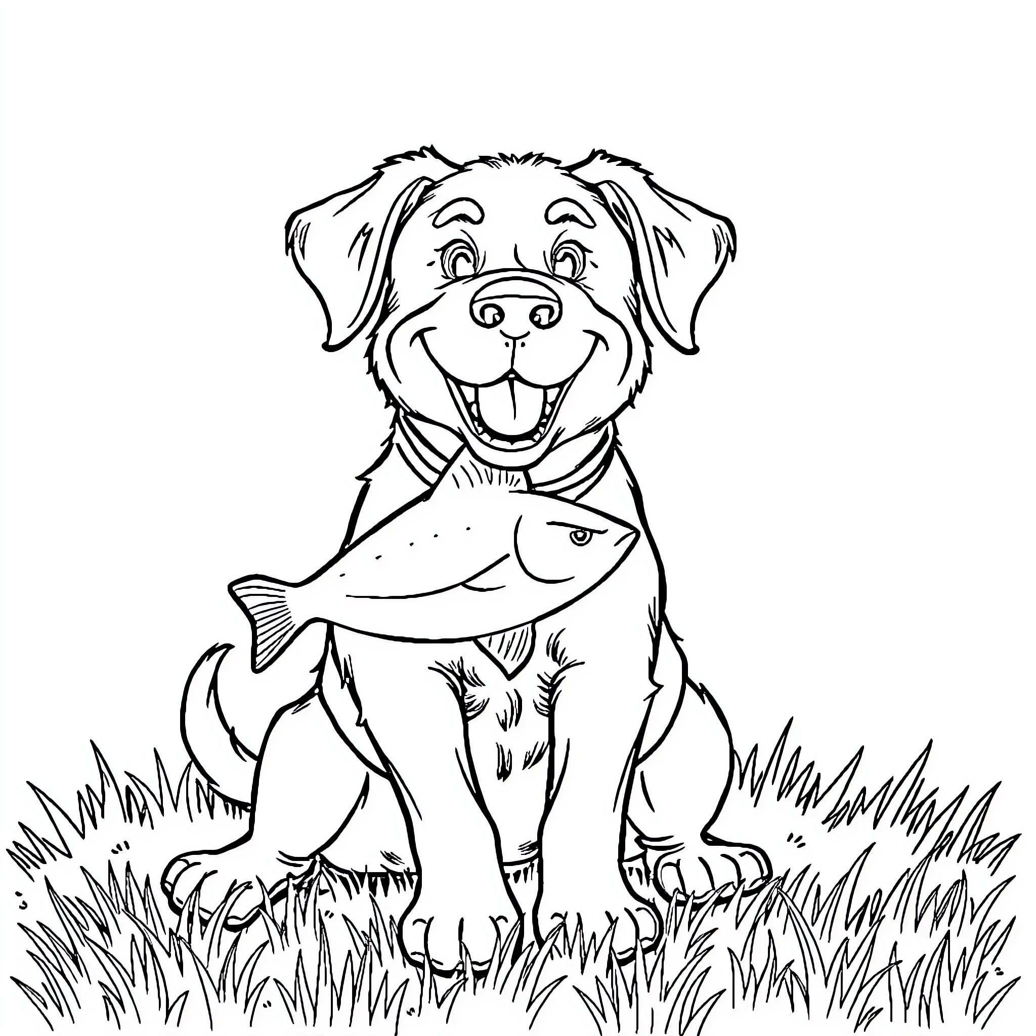 Dog happily holding a fish in the grass Coloring Page (free black-and-white line drawing printable PDF for all, from beginners to advanced learners, including children, teens, adults, and seniors)