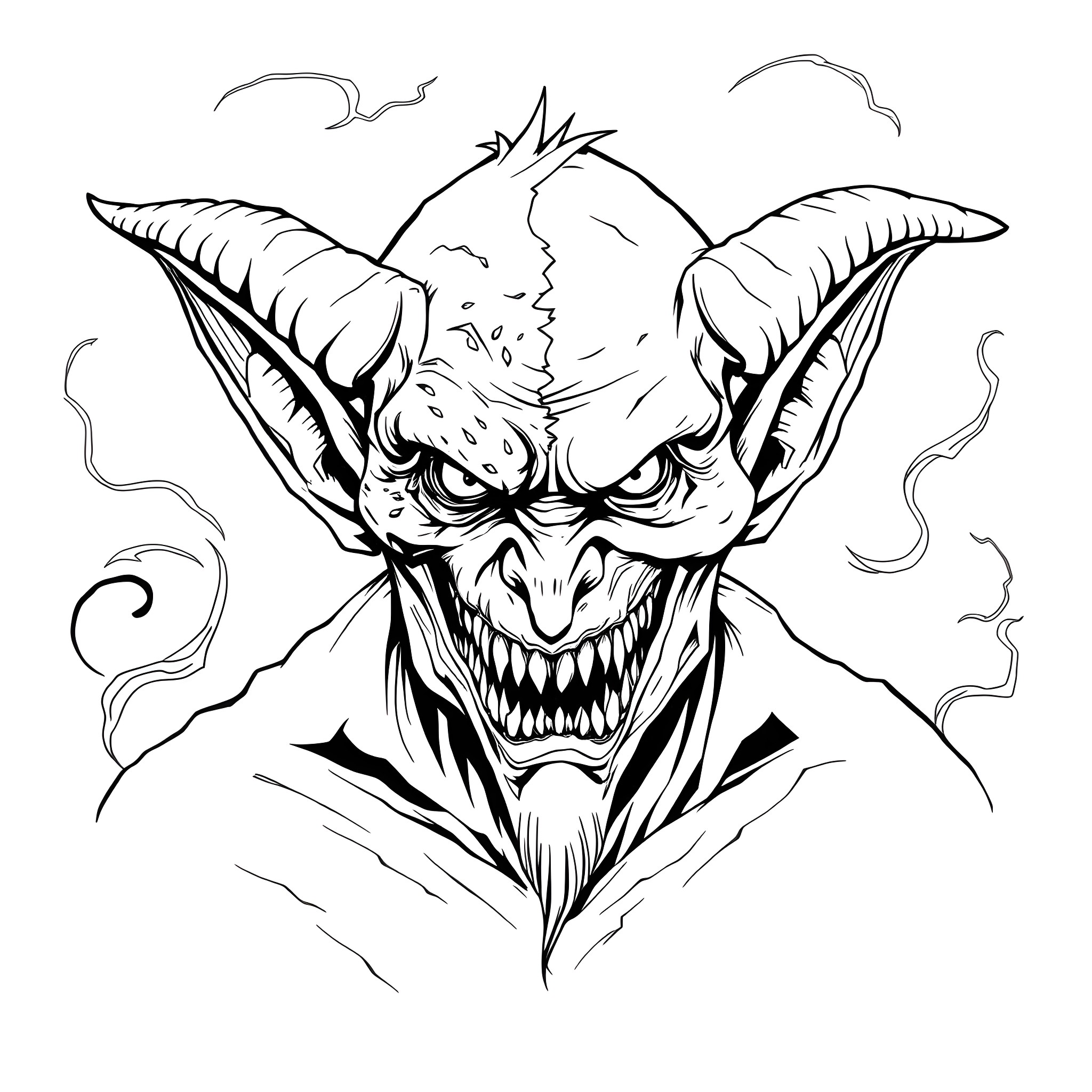 Two-Faced Goblin Unleashing Sinister Wrath Coloring Page (free black-and-white line drawing printable PDF for all, from beginners to advanced learners, including children, teens, adults, and seniors)