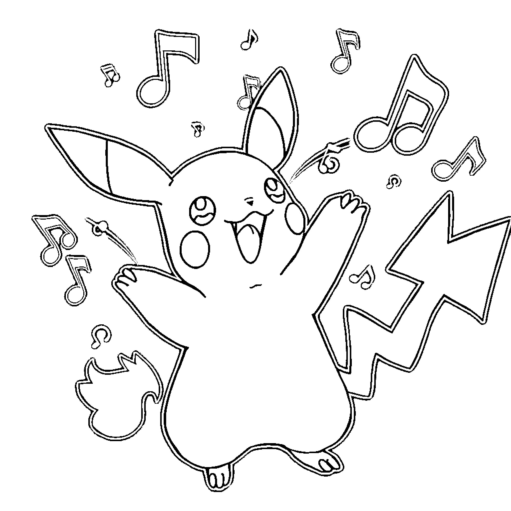 Music Note Pikachu Listening to Music Coloring Page (free black-and-white line drawing printable PDF for all, from beginners to advanced learners, including children, teens, adults, and seniors)
