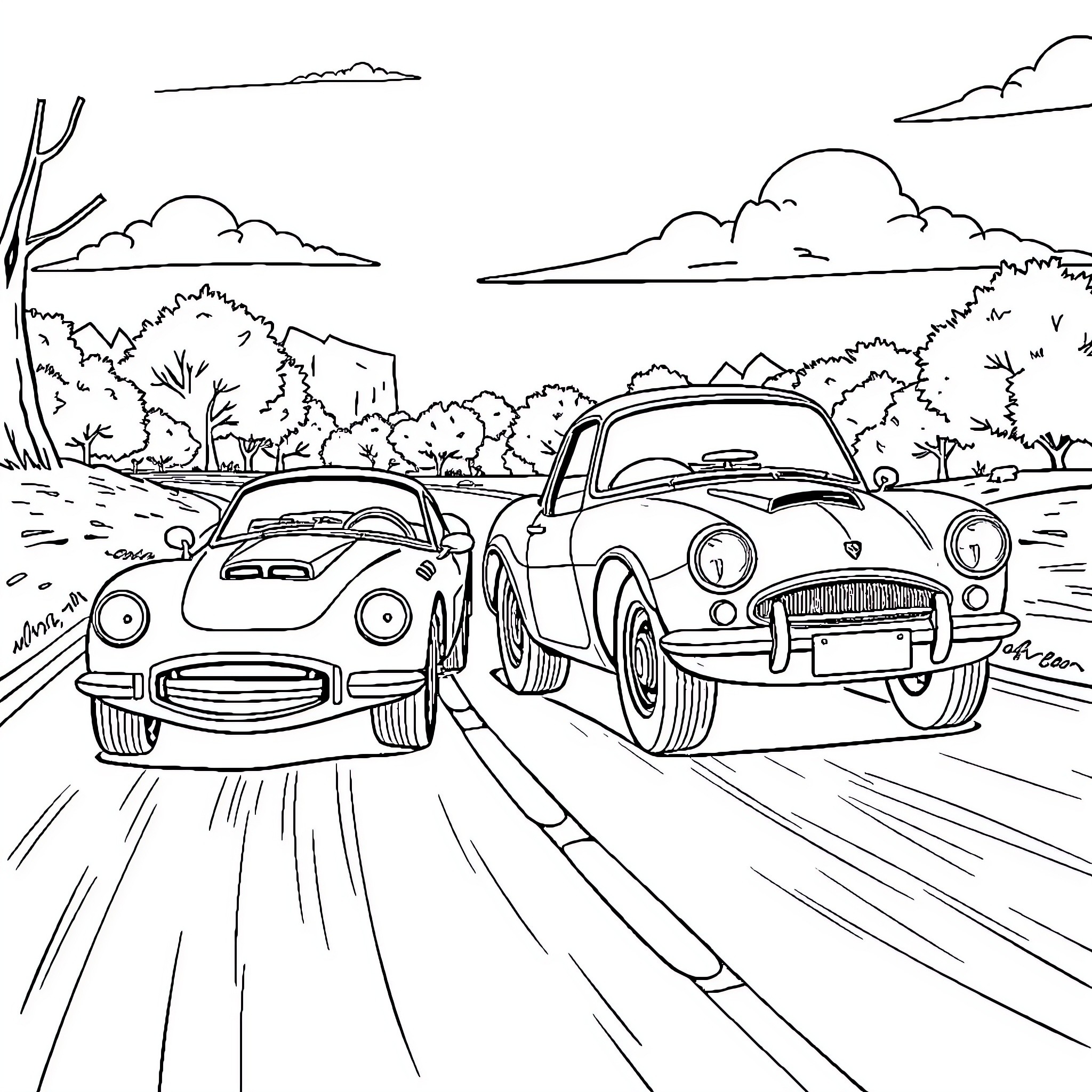 Cars racing on a scenic road Coloring Page (free black-and-white line drawing printable PDF for all, from beginners to advanced learners, including children, teens, adults, and seniors)