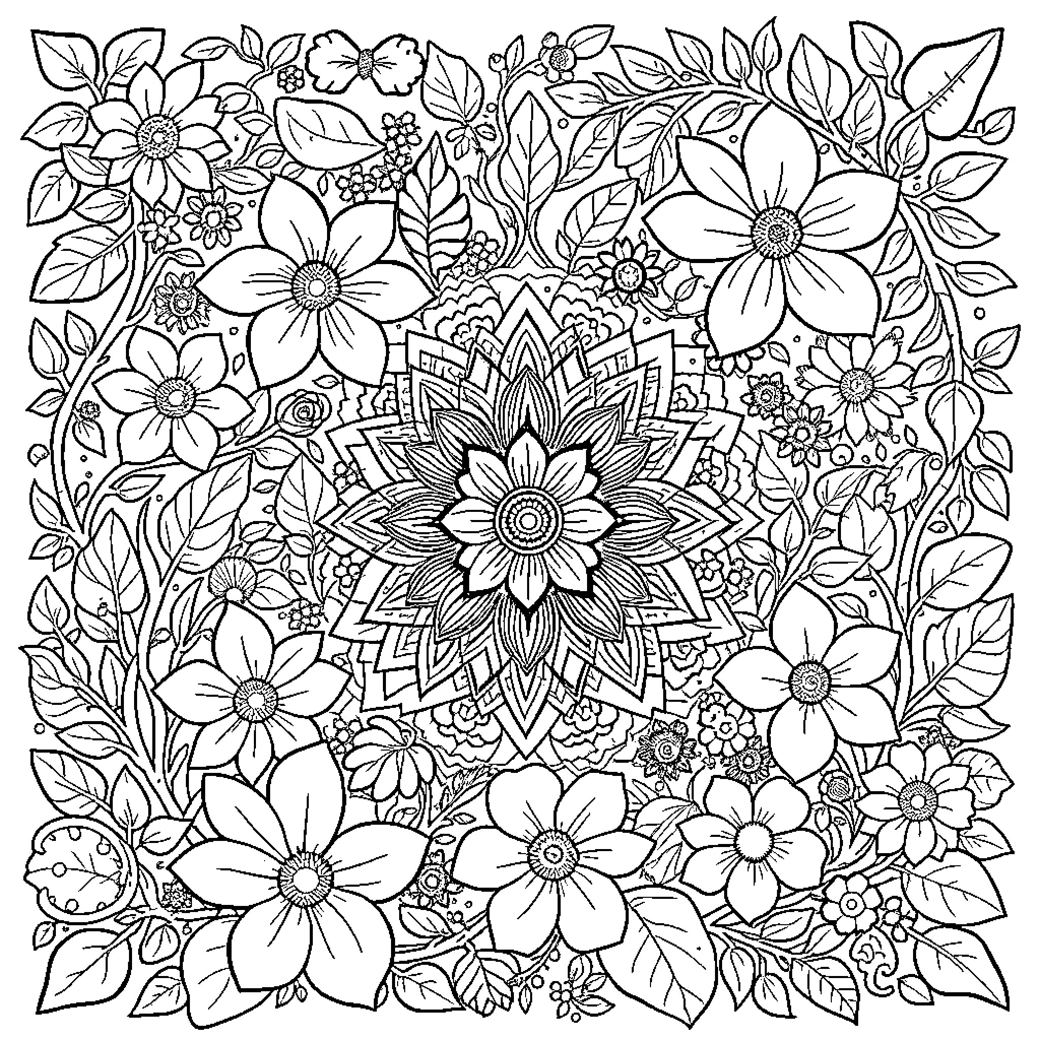 Flower Mandala in Bloom Coloring Page (free black-and-white line drawing printable PDF for all, from beginners to advanced learners, including children, teens, adults, and seniors)