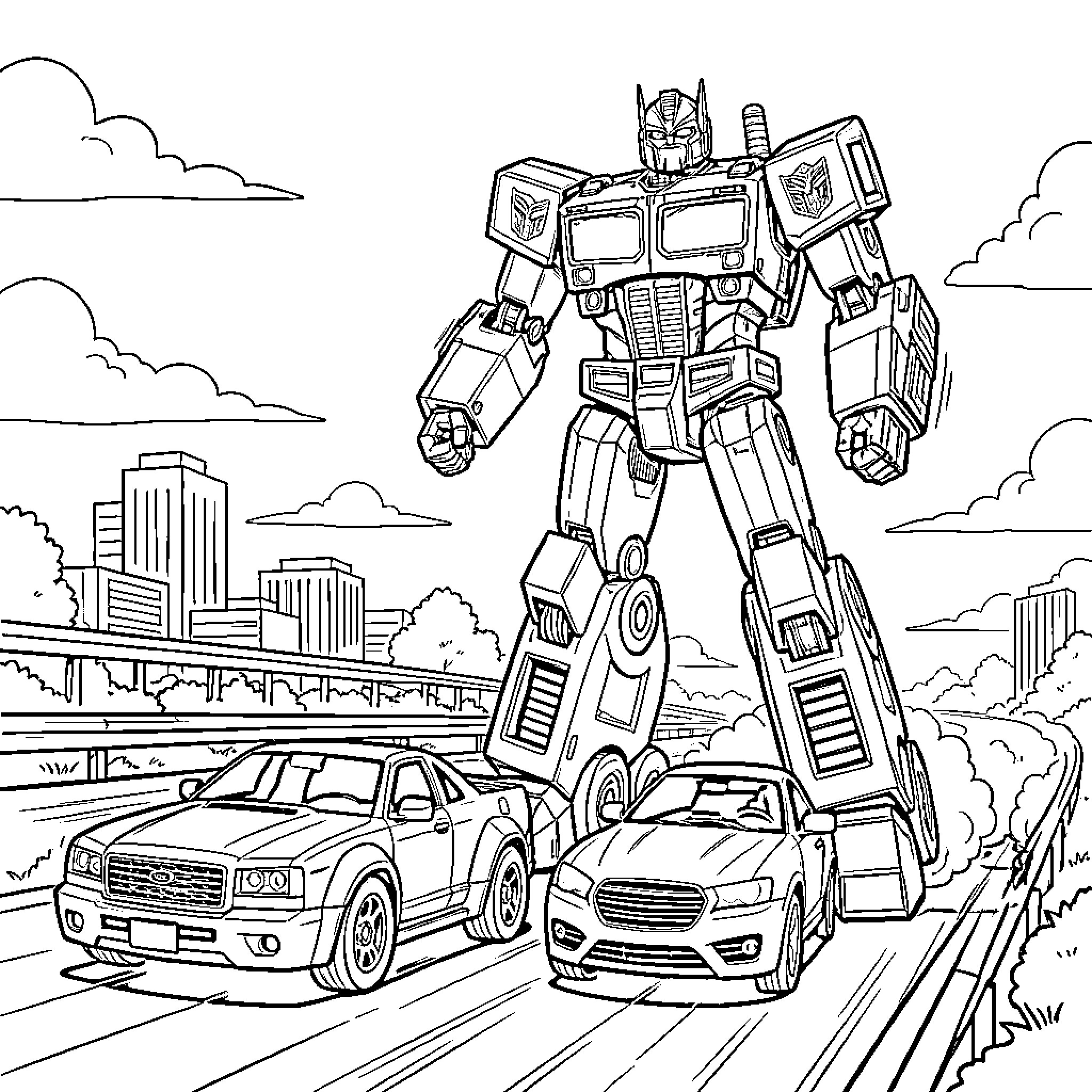 Car driving alongside a giant robot in a city Coloring Page (free black-and-white line drawing printable PDF for all, from beginners to advanced learners, including children, teens, adults, and seniors)