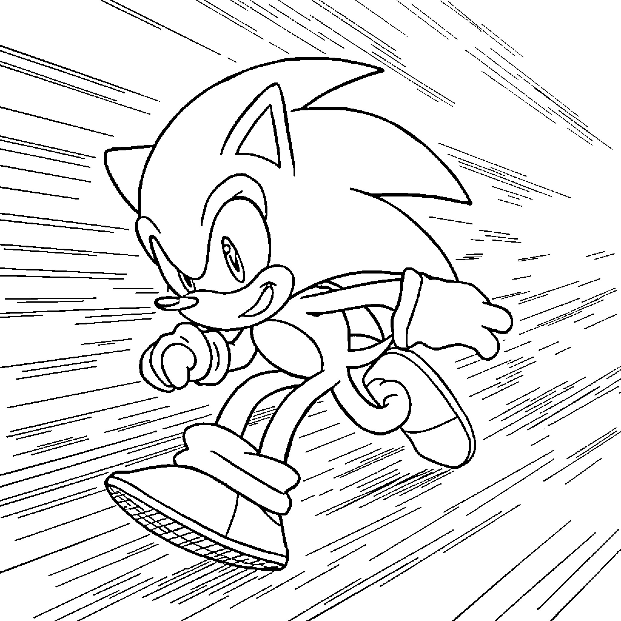 Sonic racing at high speed through the environment Coloring Page (free black-and-white line drawing printable PDF for all, from beginners to advanced learners, including children, teens, adults, and seniors)