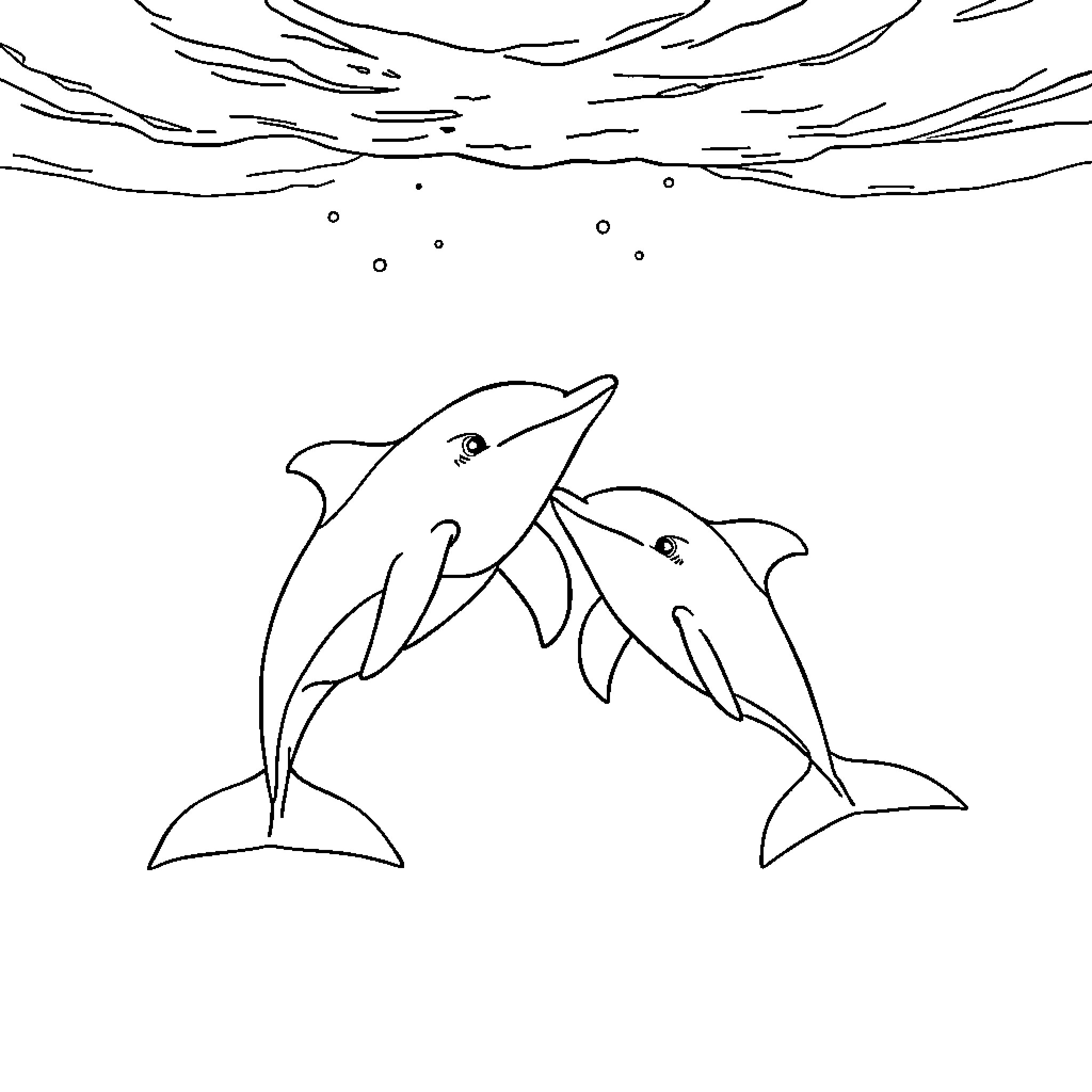 Dolphin pair swimming in the ocean Coloring Page (free black-and-white line drawing printable PDF for all, from beginners to advanced learners, including children, teens, adults, and seniors)