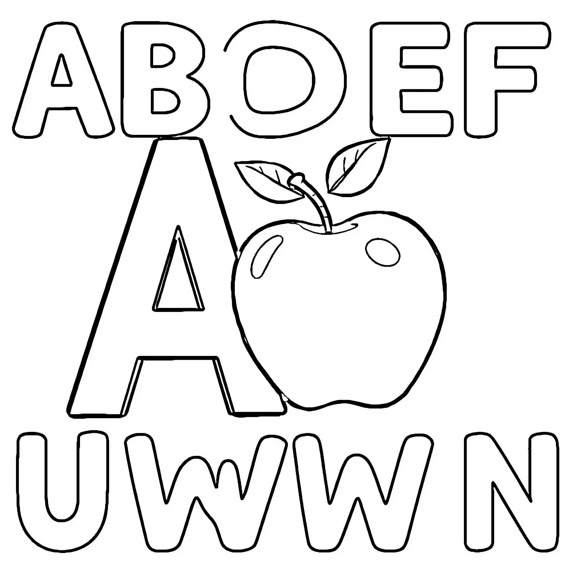 Apple-shaped letters and alphabets outline Coloring Page (free black-and-white line drawing printable PDF for all, from beginners to advanced learners, including children, teens, adults, and seniors)