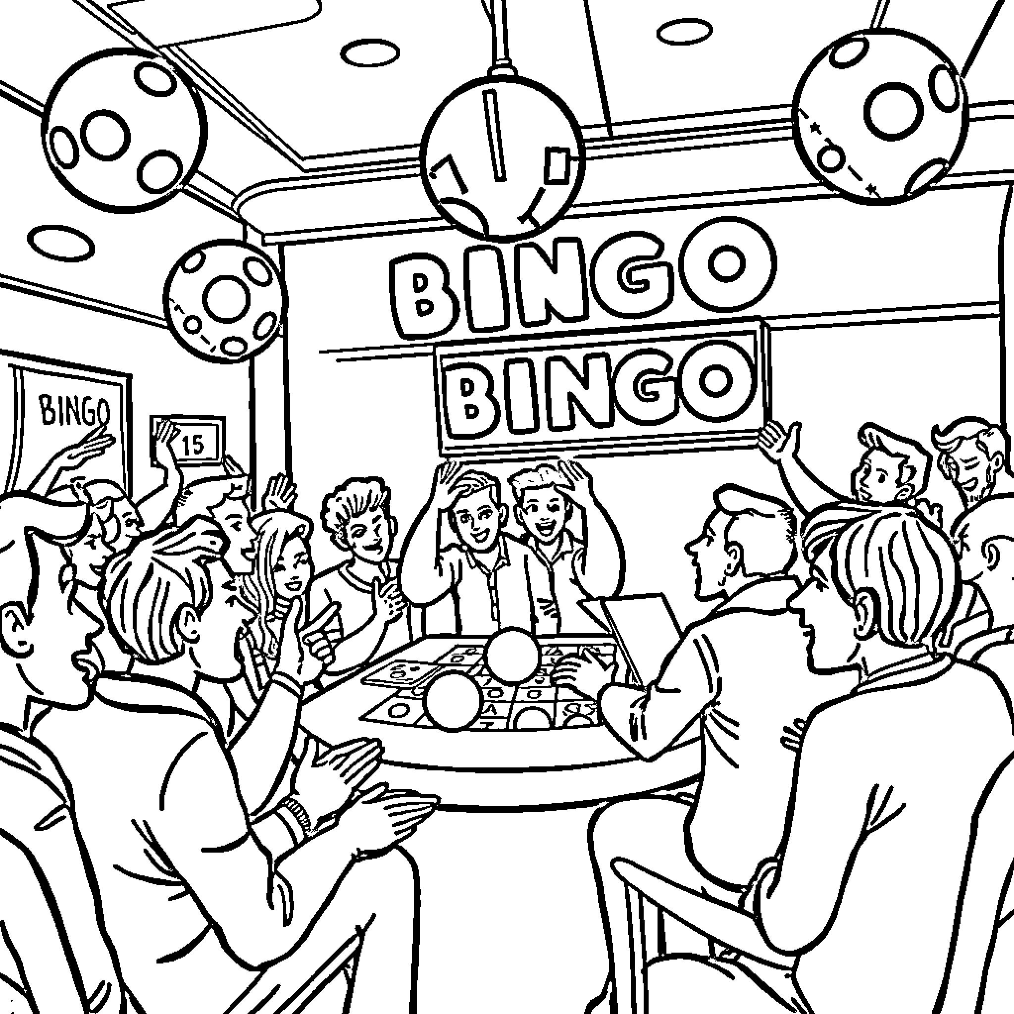 Bingo Night with Lively Crowd Coloring Page (free black-and-white line drawing printable PDF for all, from beginners to advanced learners, including children, teens, adults, and seniors)