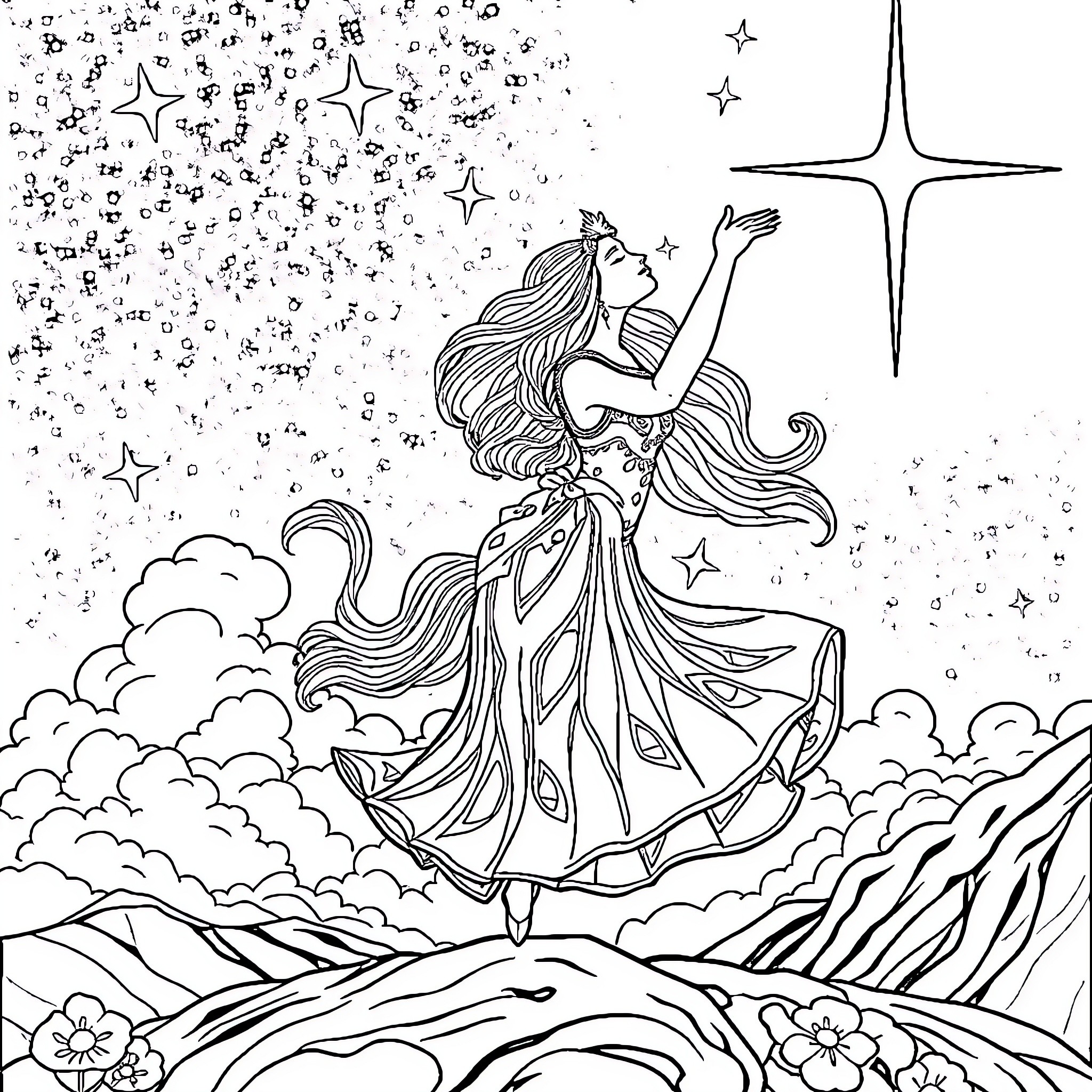 Giraffe Goddess Dancing Amongst the Stars Coloring Page (free black-and-white line drawing printable PDF for all, from beginners to advanced learners, including children, teens, adults, and seniors)