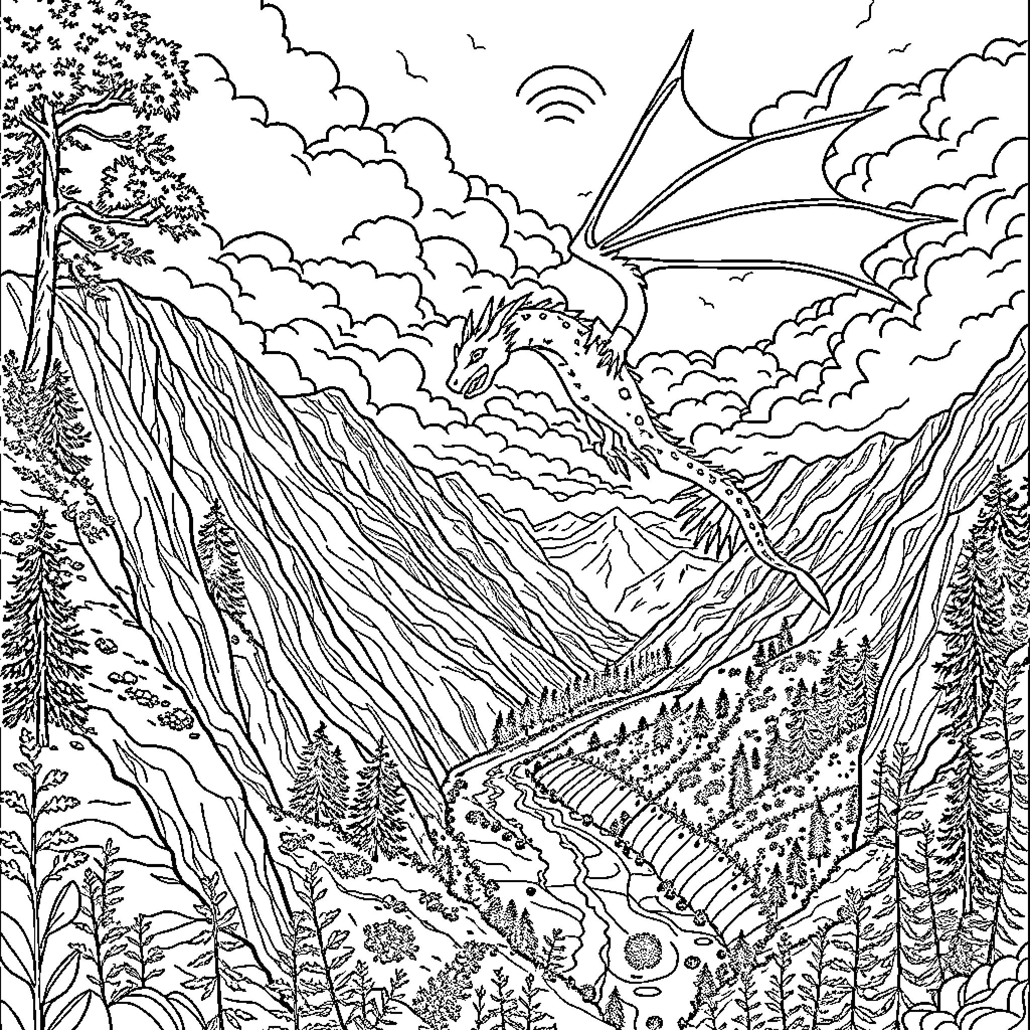 Dragon soaring over a majestic mountain landscape Coloring Page (free black-and-white line drawing printable PDF for all, from beginners to advanced learners, including children, teens, adults, and seniors)