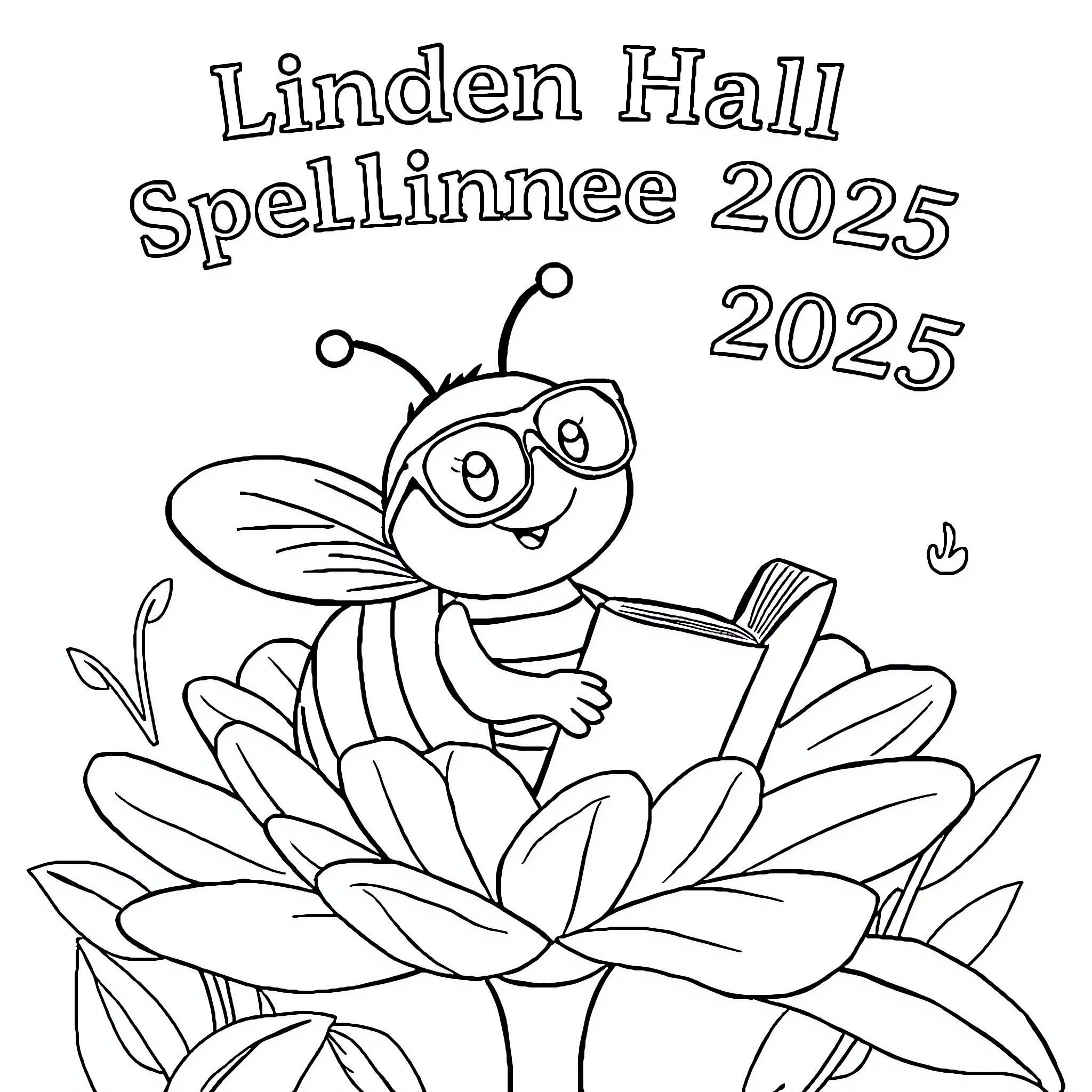 Bee Studying Diligently for Spellingnee 2025 Coloring Page (free black-and-white line drawing printable PDF for all, from beginners to advanced learners, including children, teens, adults, and seniors)