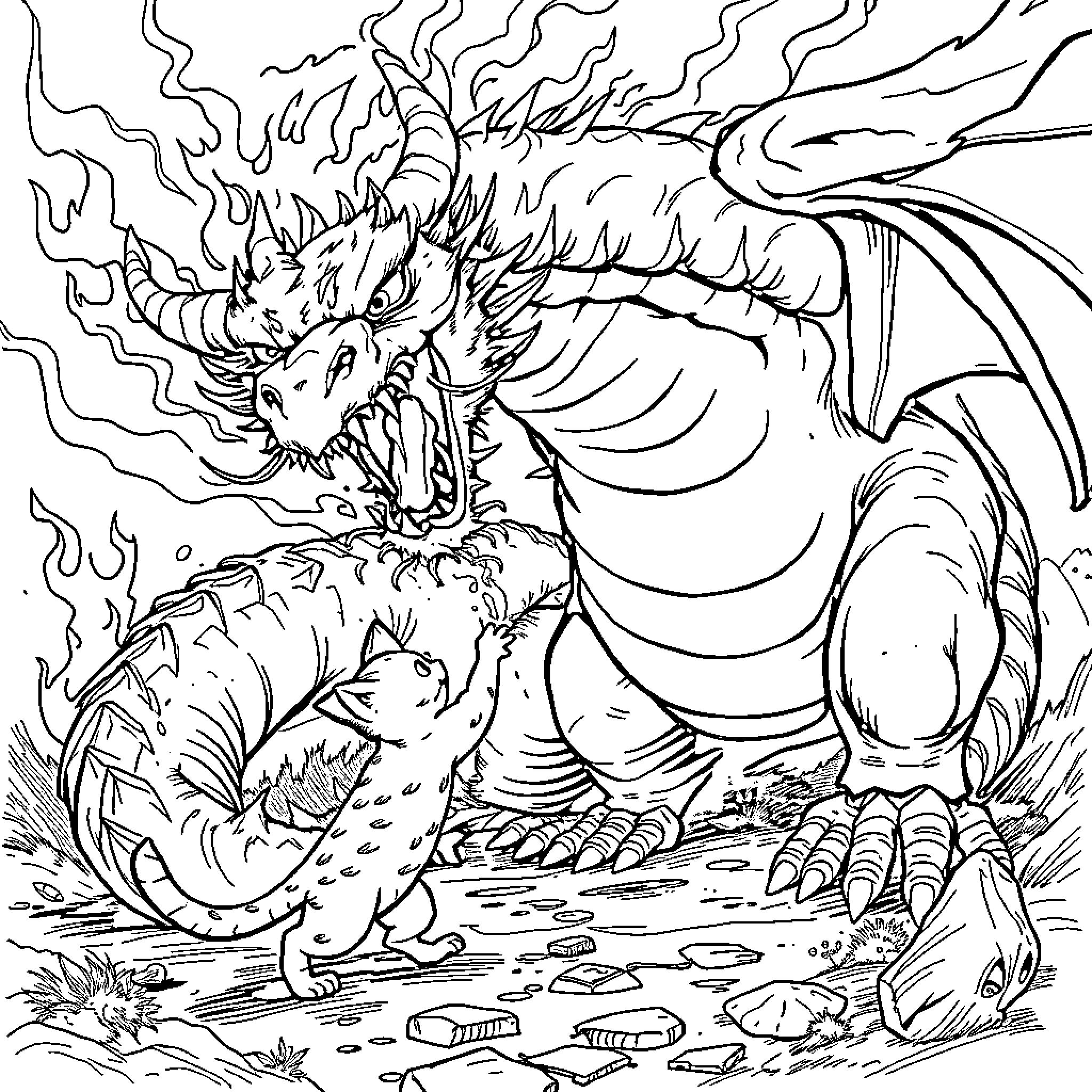 Cat-like Creature Breathing Fire in Fierce Pose Coloring Page (free black-and-white line drawing printable PDF for all, from beginners to advanced learners, including children, teens, adults, and seniors)