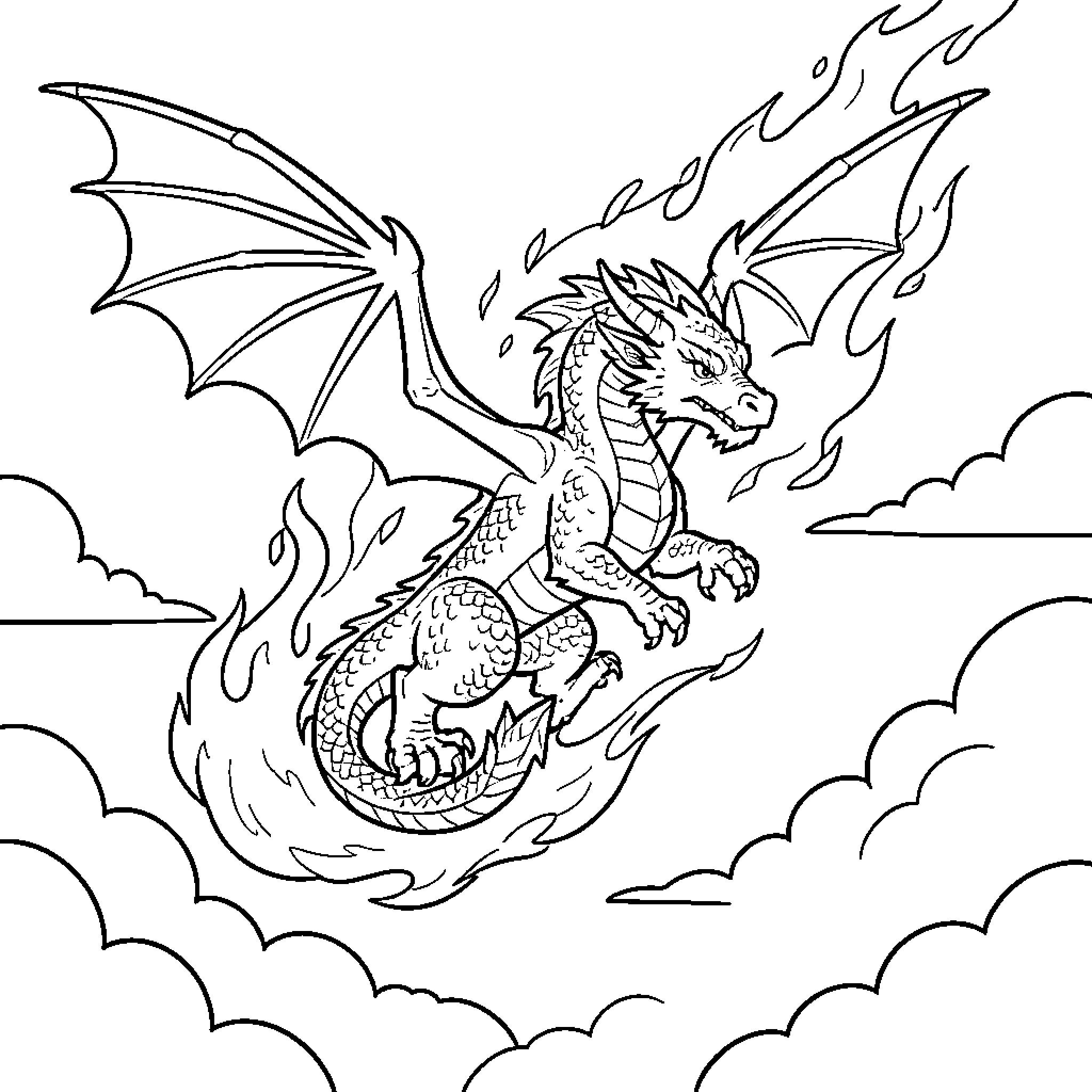 Dragon soaring majestically through the clouds with flames Coloring Page (free black-and-white line drawing printable PDF for all, from beginners to advanced learners, including children, teens, adults, and seniors)