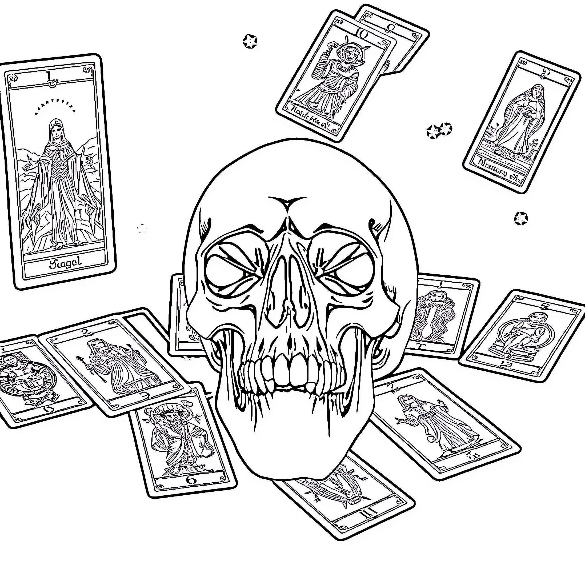 Skull surrounded by tarot cards Coloring Page (free black-and-white line drawing printable PDF for all, from beginners to advanced learners, including children, teens, adults, and seniors)