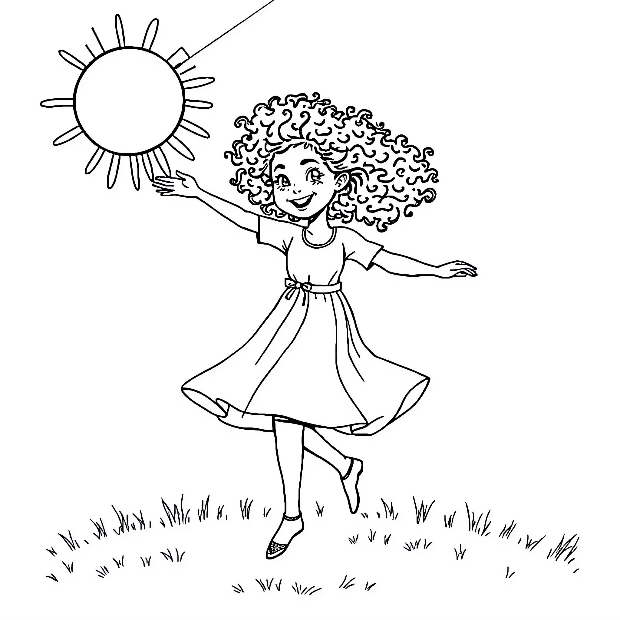 Girl joyfully dancing in the sunshine Coloring Page (free black-and-white line drawing printable PDF for all, from beginners to advanced learners, including children, teens, adults, and seniors)