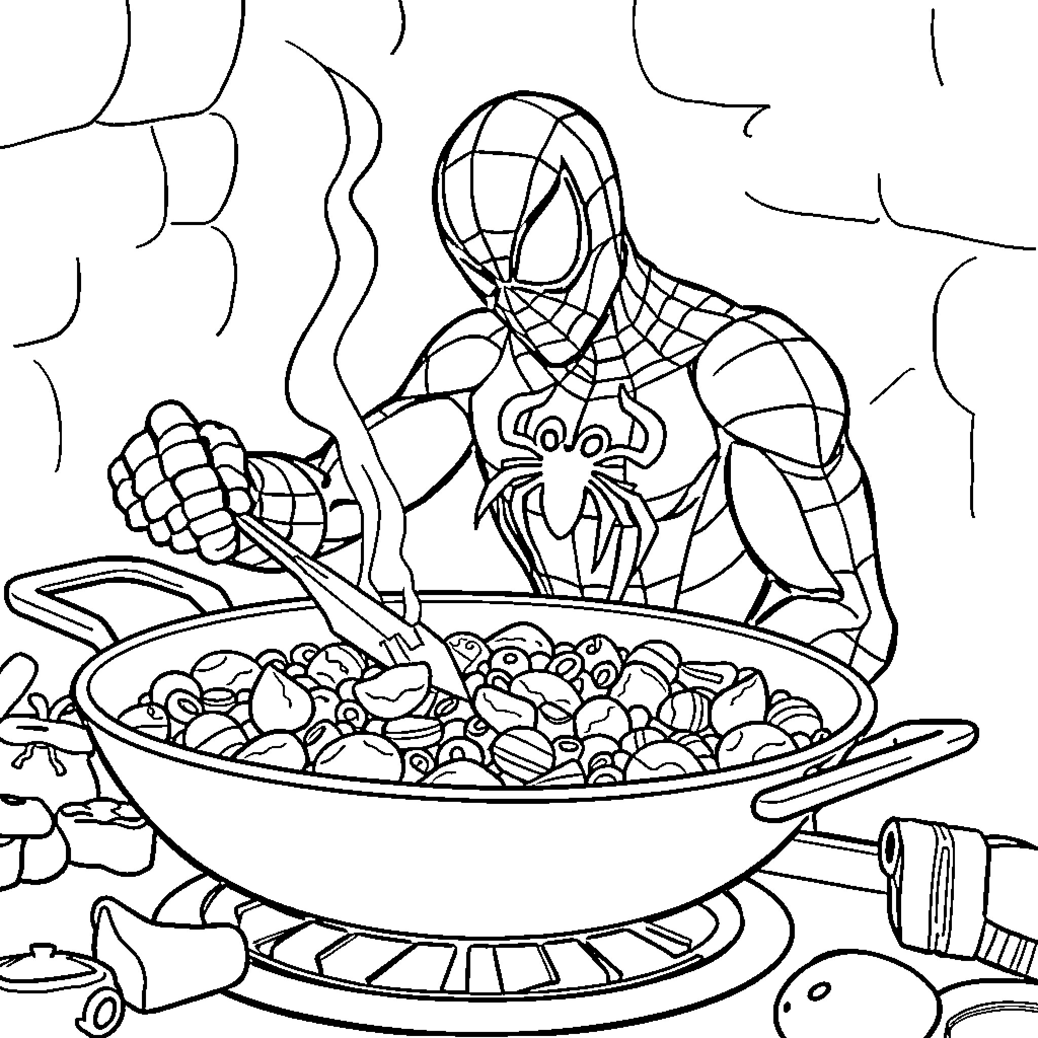 Spiderman cooking a meal in the kitchen Coloring Page (free black-and-white line drawing printable PDF for all, from beginners to advanced learners, including children, teens, adults, and seniors)