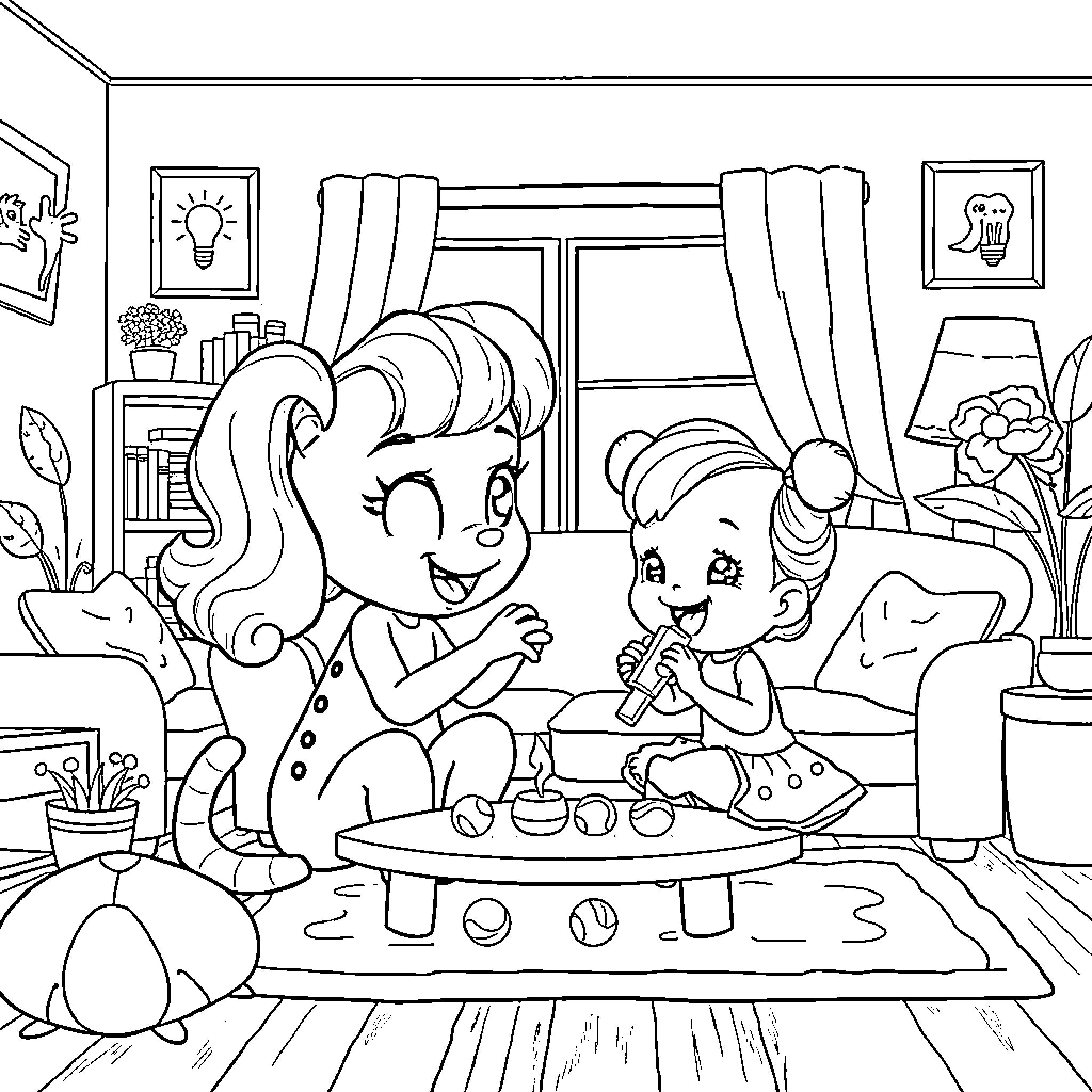 Bluey and friend enjoying tea party in cozy home Coloring Page (free black-and-white line drawing printable PDF for all, from beginners to advanced learners, including children, teens, adults, and seniors)