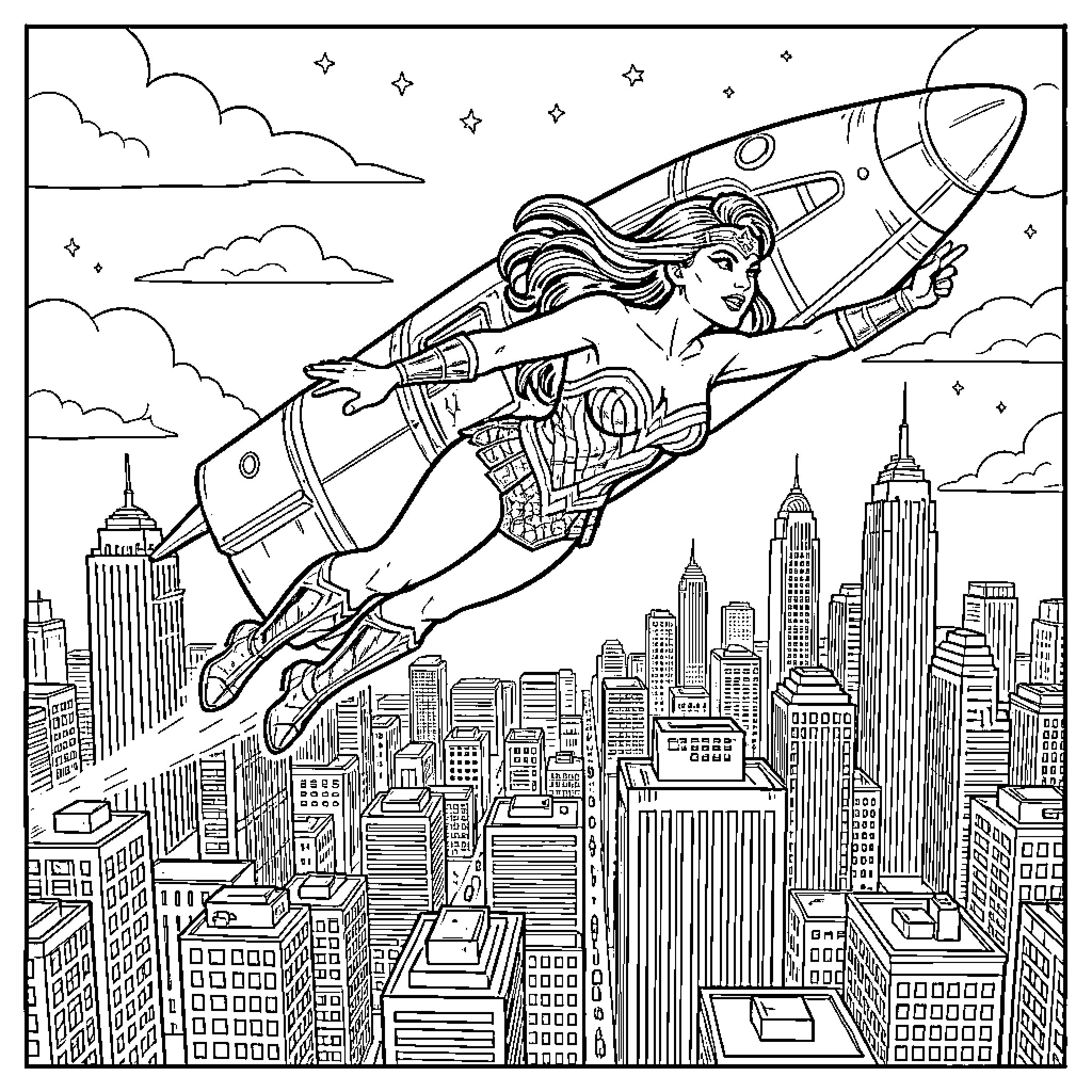 Wonder Woman flying through the sky on a rocket Coloring Page (free black-and-white line drawing printable PDF for all, from beginners to advanced learners, including children, teens, adults, and seniors)