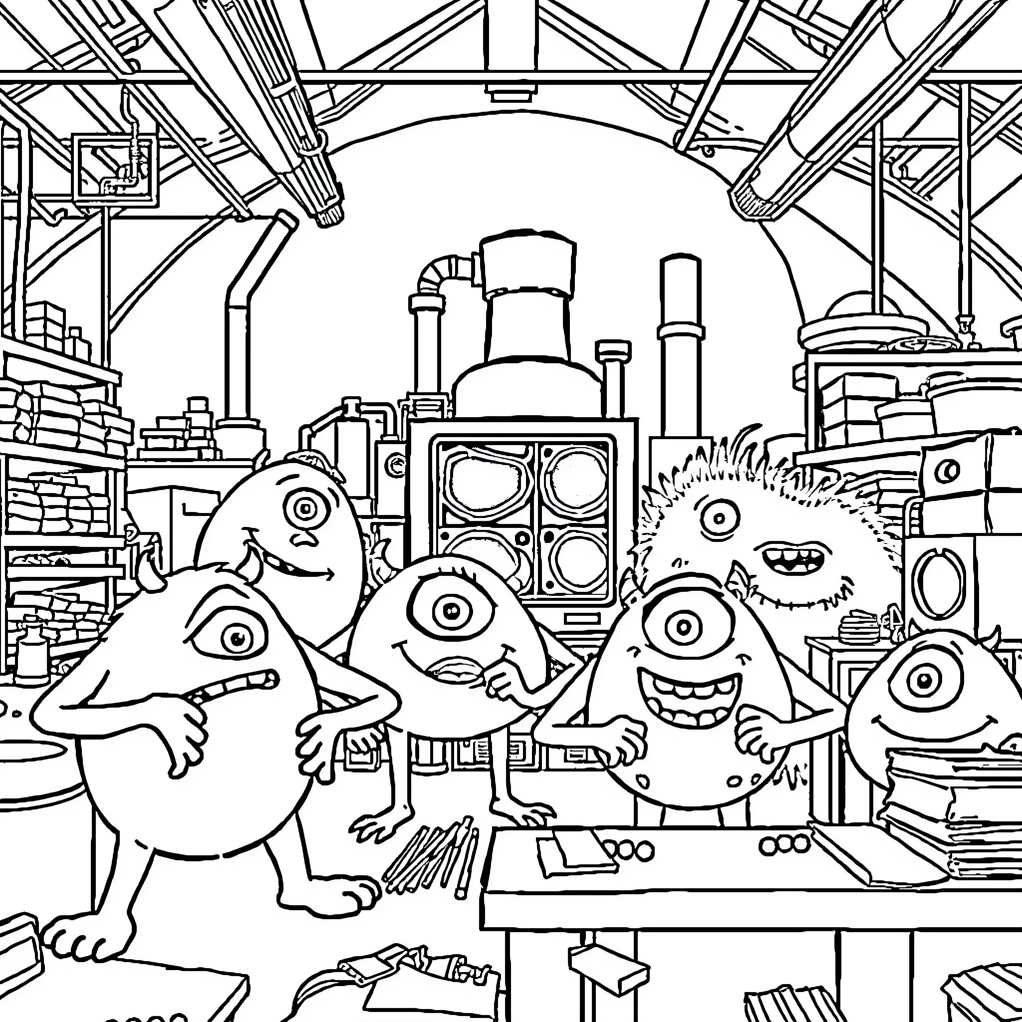Monster Creatures in an Industrial Workshop Coloring Page (free black-and-white line drawing printable PDF for all, from beginners to advanced learners, including children, teens, adults, and seniors)