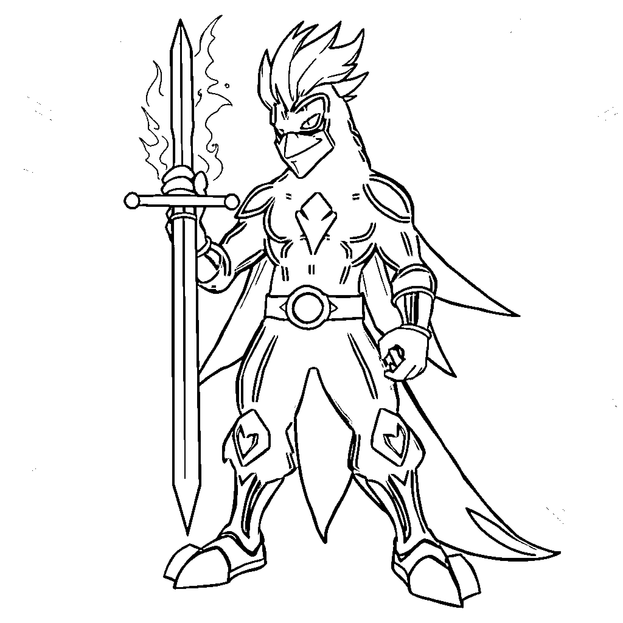 Blaziken wielding a powerful sword in combat stance Coloring Page (free black-and-white line drawing printable PDF for all, from beginners to advanced learners, including children, teens, adults, and seniors)