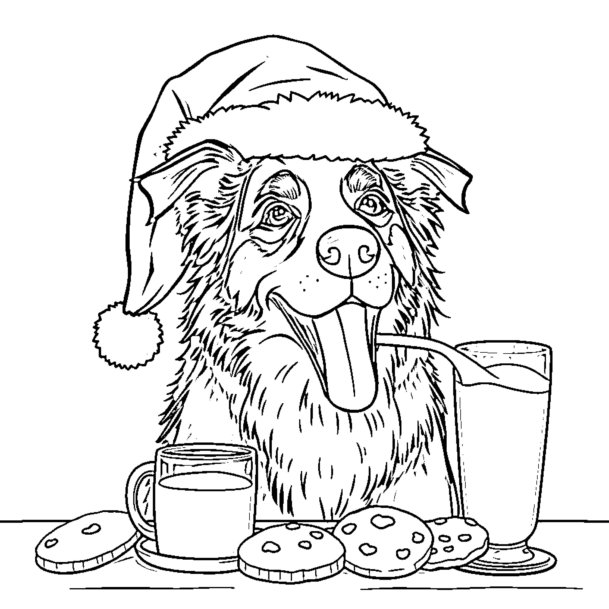 Border Collie enjoying holiday treats Coloring Page (free black-and-white line drawing printable PDF for all, from beginners to advanced learners, including children, teens, adults, and seniors)