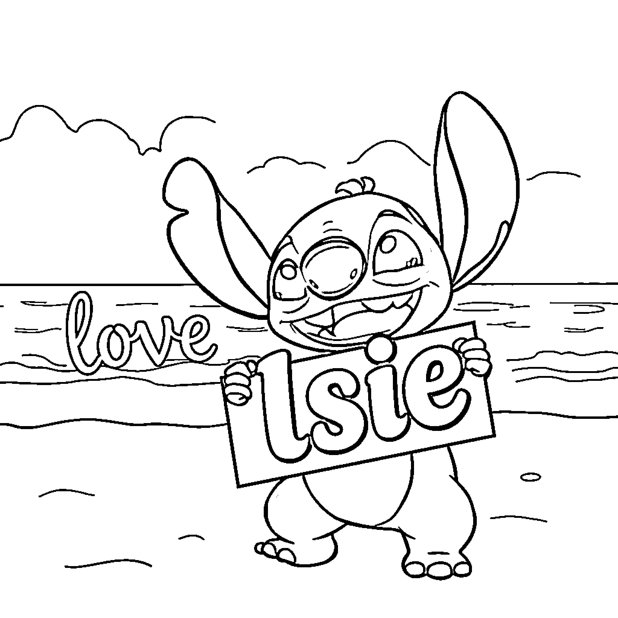 Stitch Holding a 'Love Lsle' Sign Coloring Page (free black-and-white line drawing printable PDF for all, from beginners to advanced learners, including children, teens, adults, and seniors)