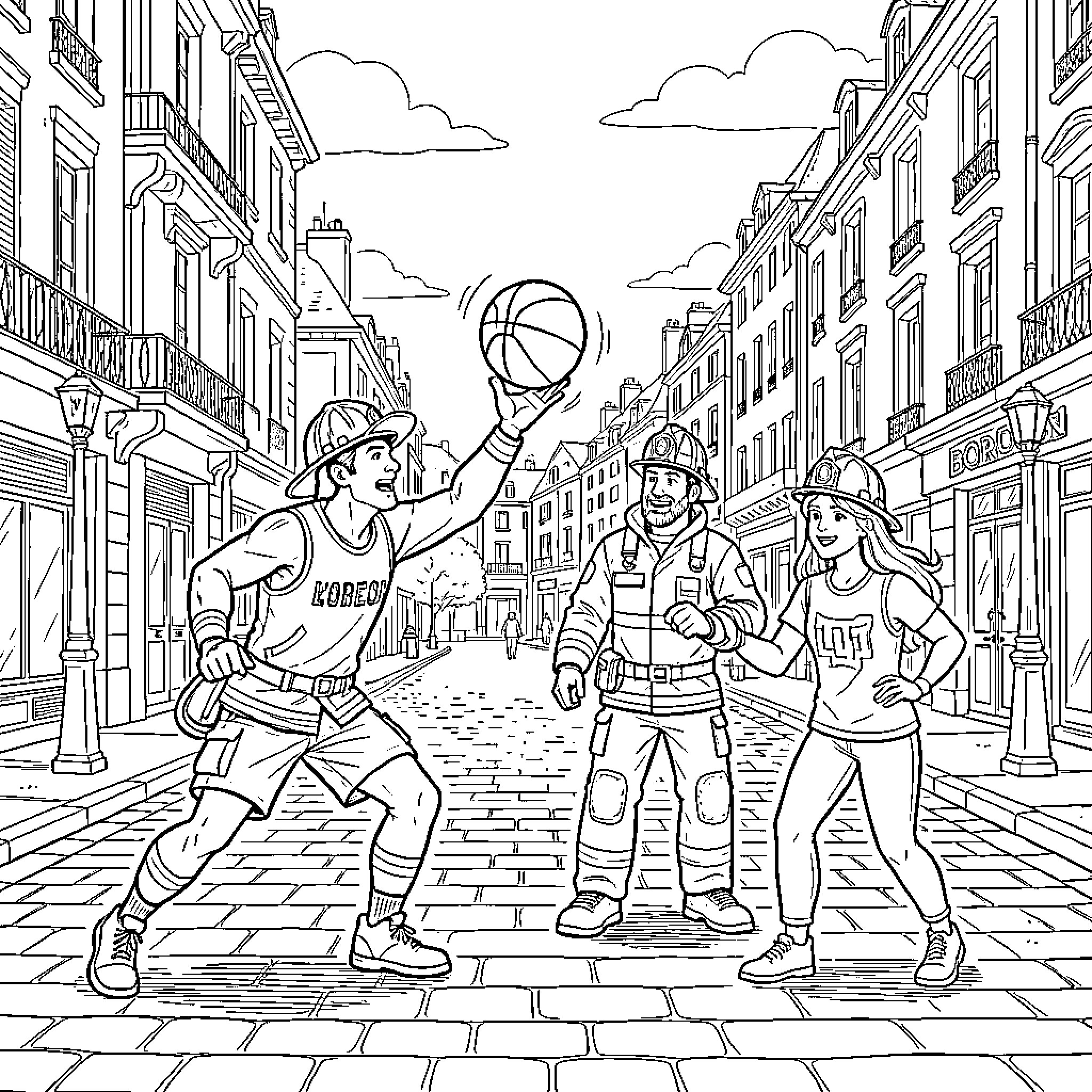 Marcus and friends playing basketball on a city street Coloring Page (free black-and-white line drawing printable PDF for all, from beginners to advanced learners, including children, teens, adults, and seniors)