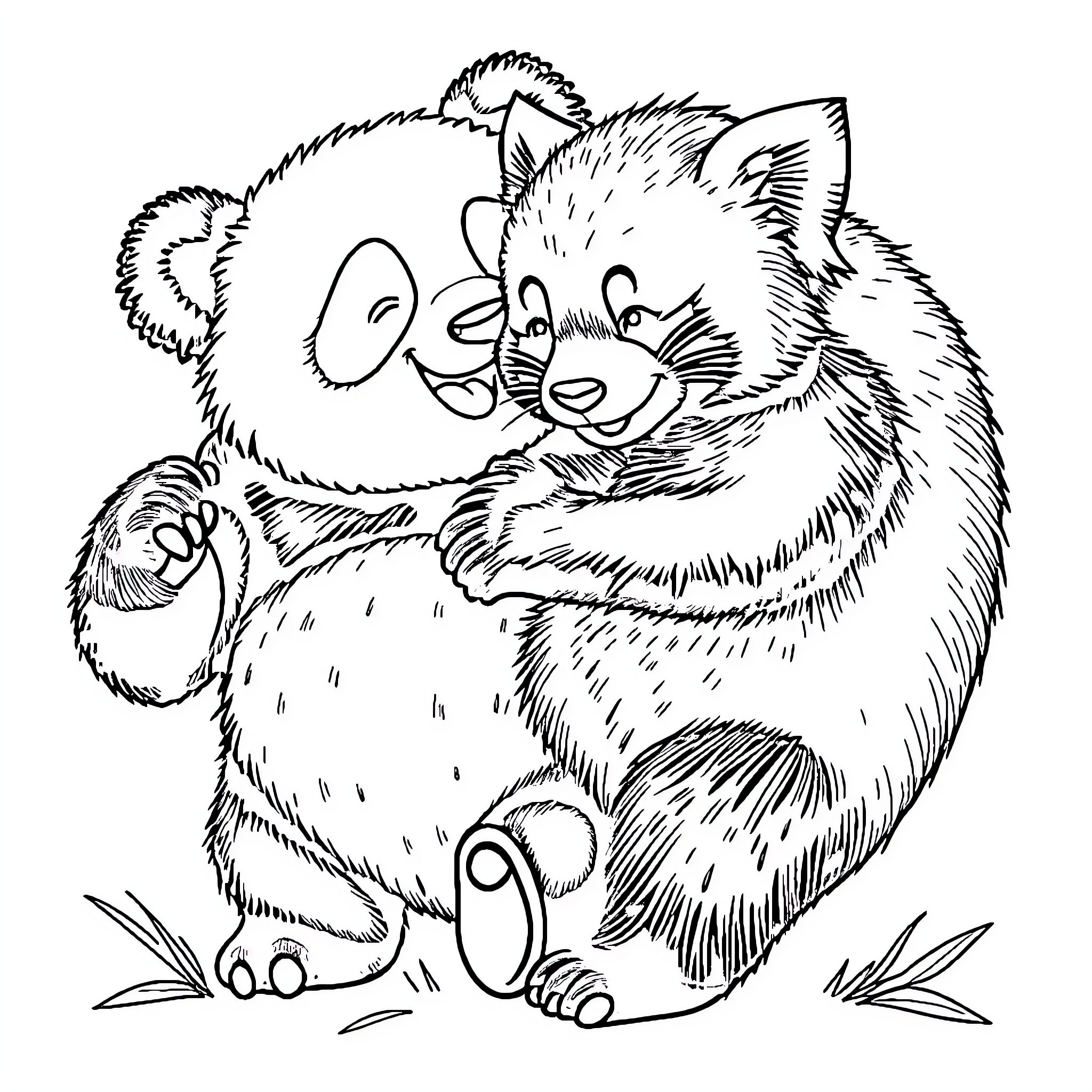 Panda cubs playing together adorably Coloring Page (free black-and-white line drawing printable PDF for all, from beginners to advanced learners, including children, teens, adults, and seniors)