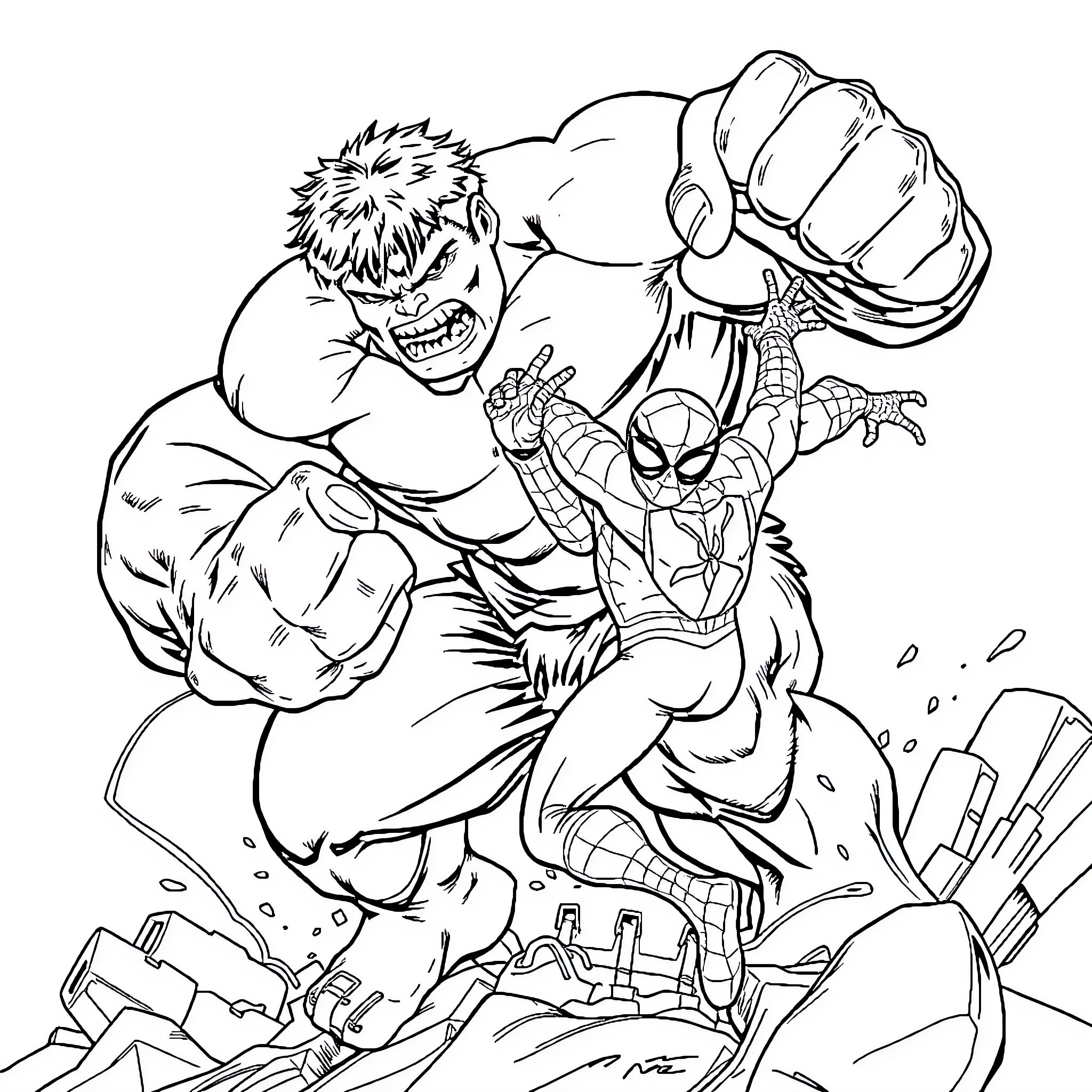Hulk battling Spider-Man in an intense confrontation Coloring Page (free black-and-white line drawing printable PDF for all, from beginners to advanced learners, including children, teens, adults, and seniors)