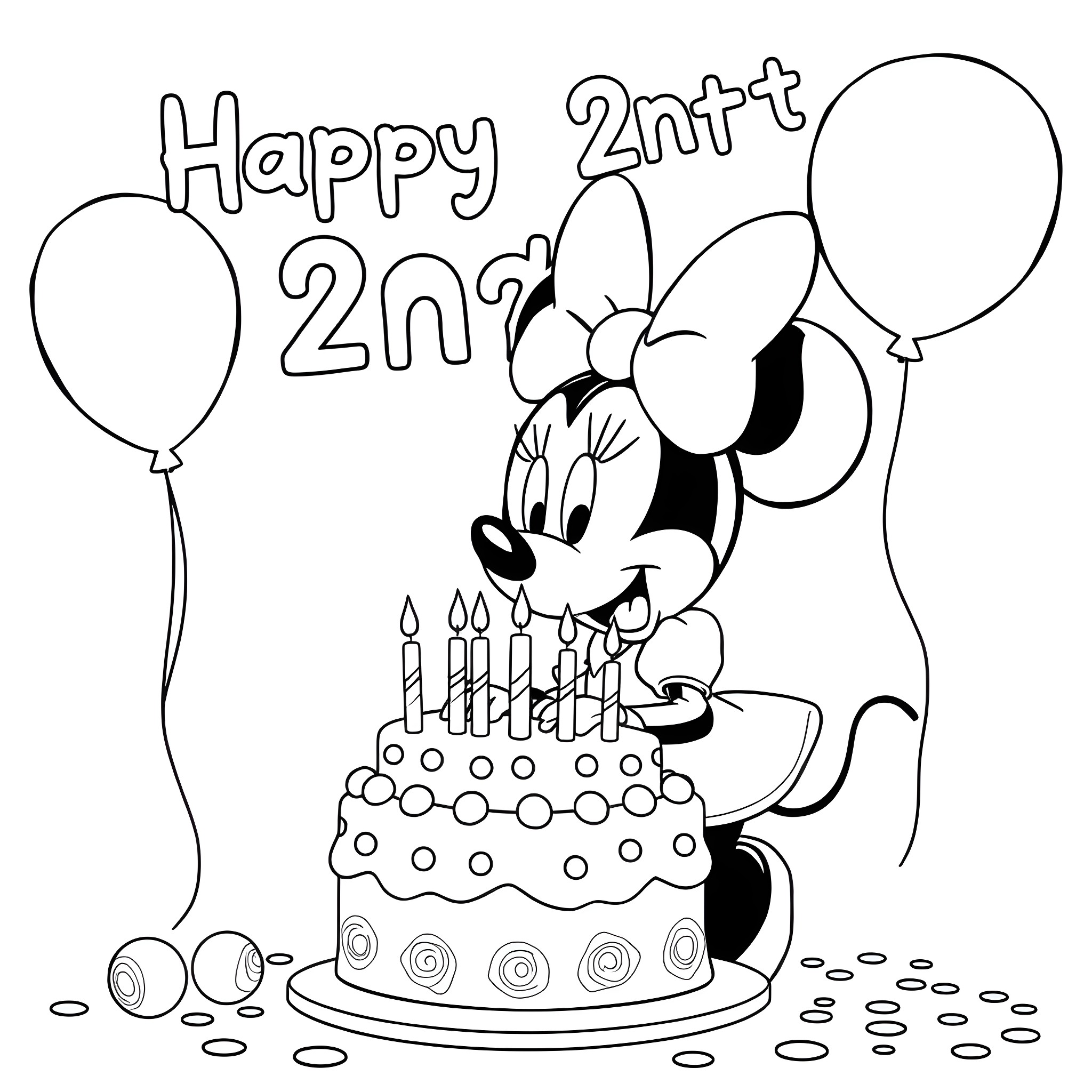 Minnie Mouse Celebrating 2nd Birthday with Cake and Balloons Coloring Page (free black-and-white line drawing printable PDF for all, from beginners to advanced learners, including children, teens, adults, and seniors)