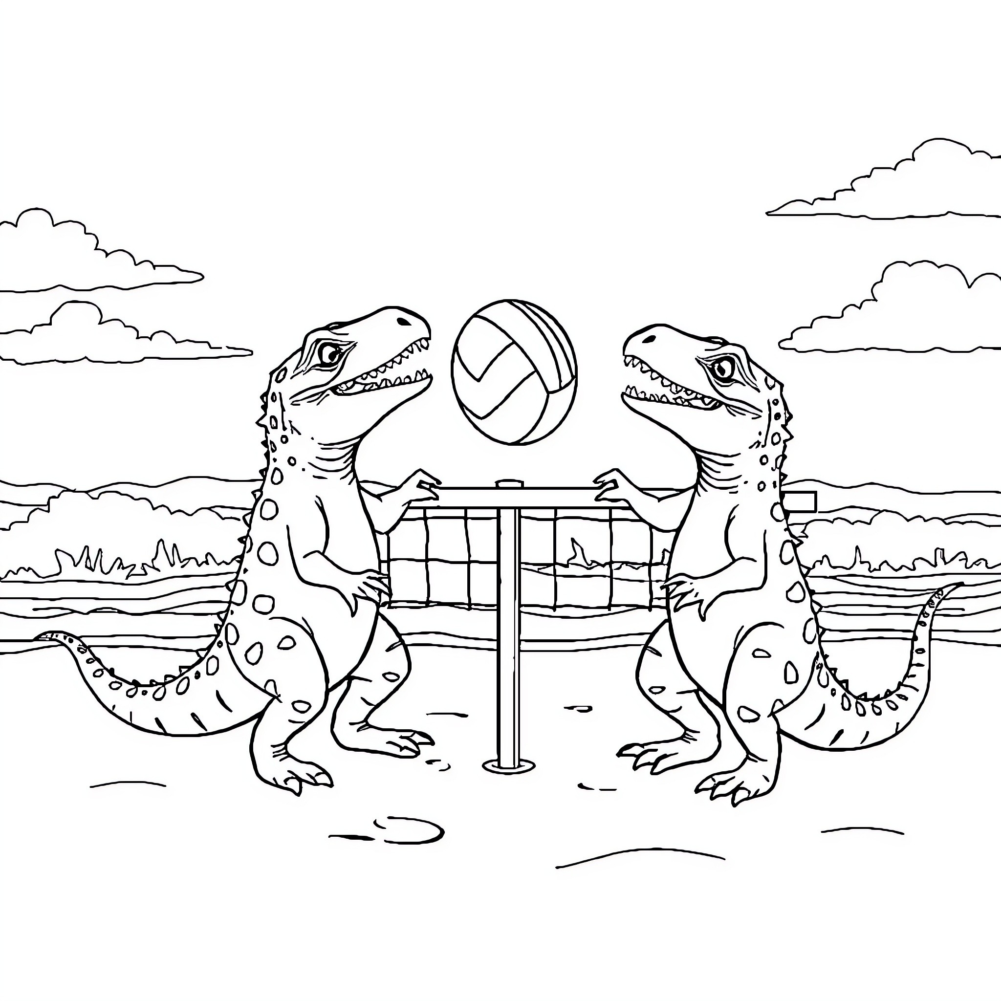 T-Rex playing volleyball on the beach Coloring Page (free black-and-white line drawing printable PDF for all, from beginners to advanced learners, including children, teens, adults, and seniors)