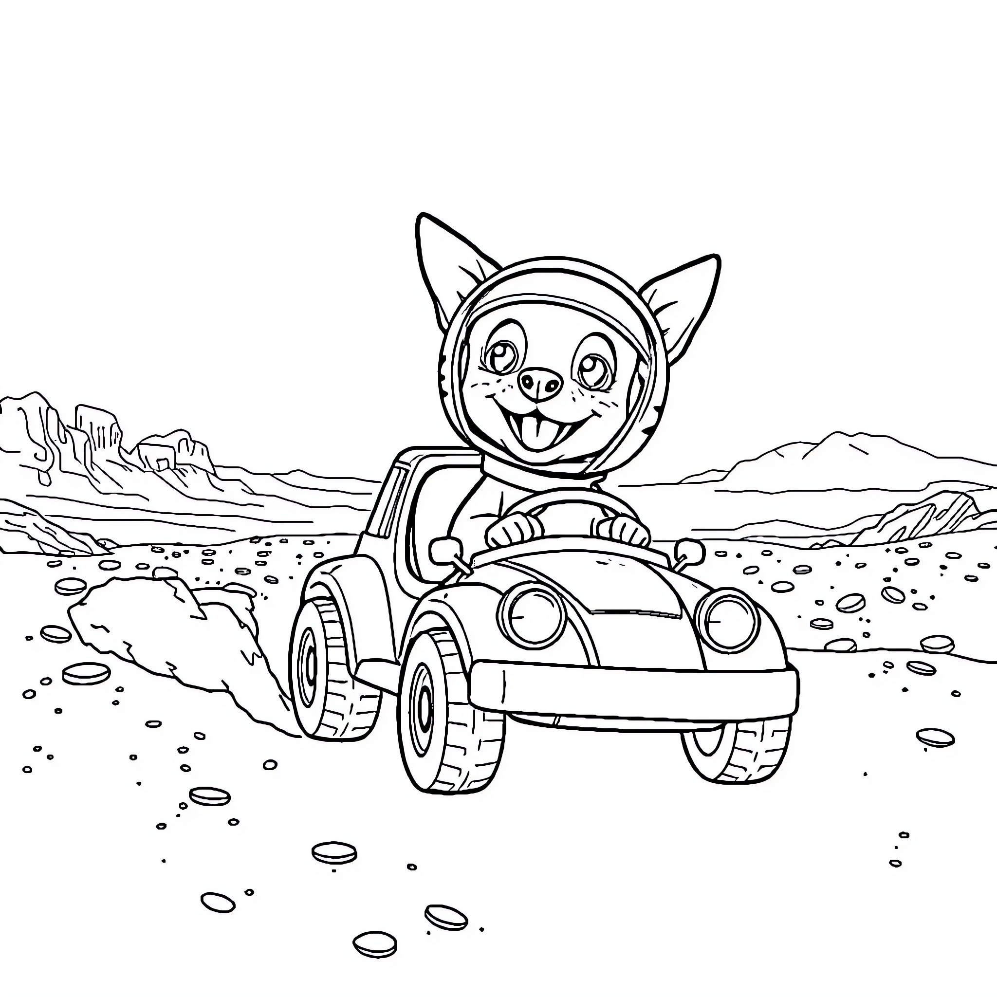 Weenie Dog driving a car through the desert Coloring Page (free black-and-white line drawing printable PDF for all, from beginners to advanced learners, including children, teens, adults, and seniors)
