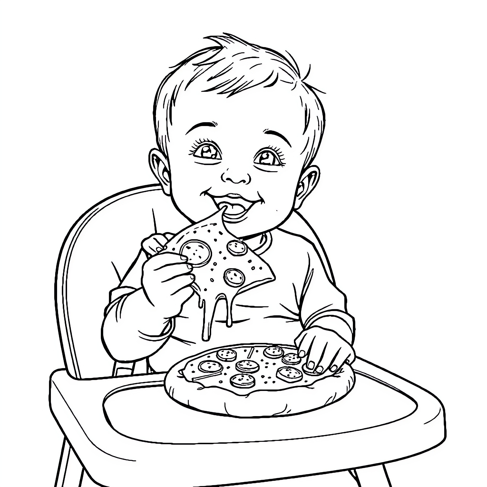 Baby enjoys tasty pizza with delight Coloring Page (free black-and-white line drawing printable PDF for all, from beginners to advanced learners, including children, teens, adults, and seniors)