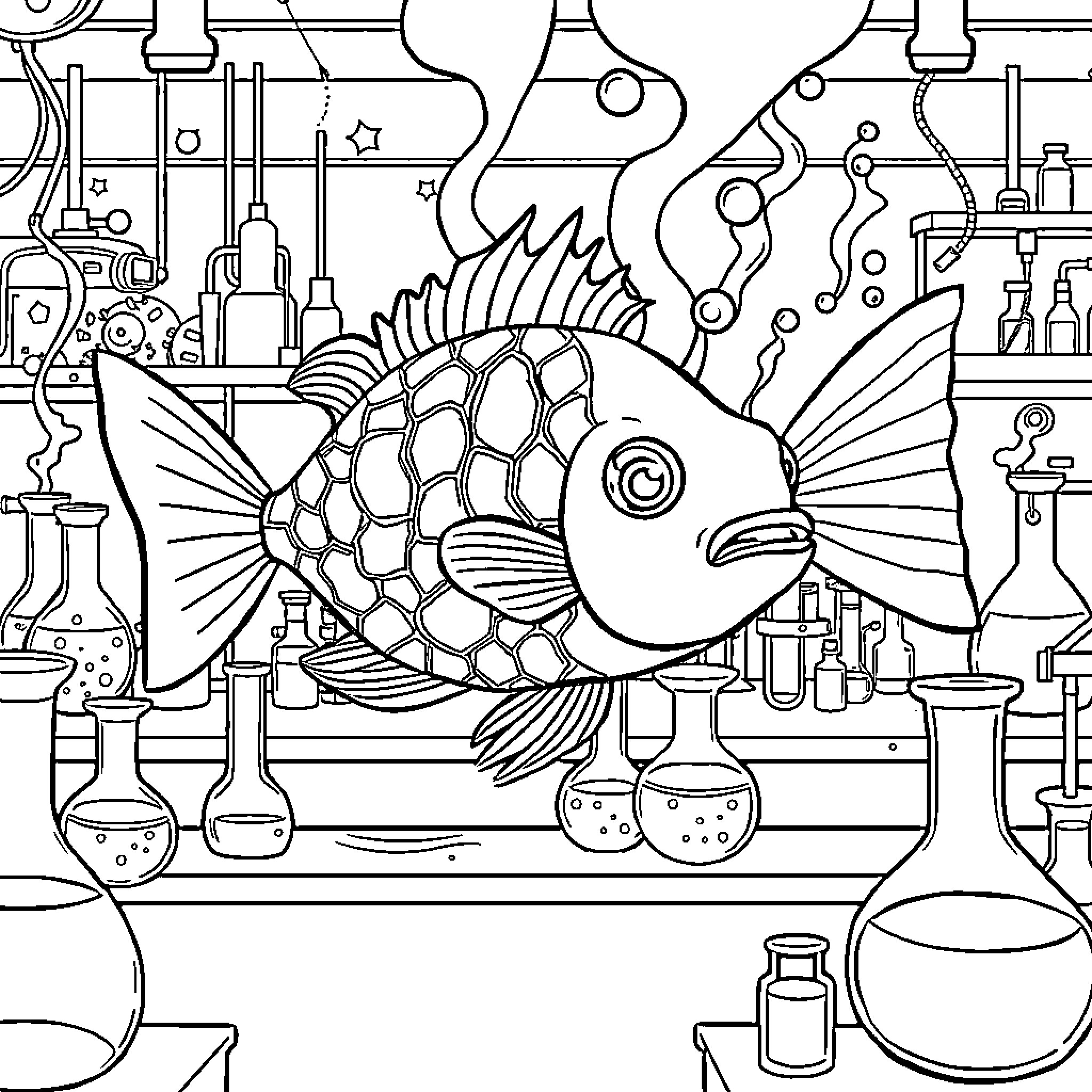 Fish in a Whimsical Scientific Laboratory Coloring Page (free black-and-white line drawing printable PDF for all, from beginners to advanced learners, including children, teens, adults, and seniors)
