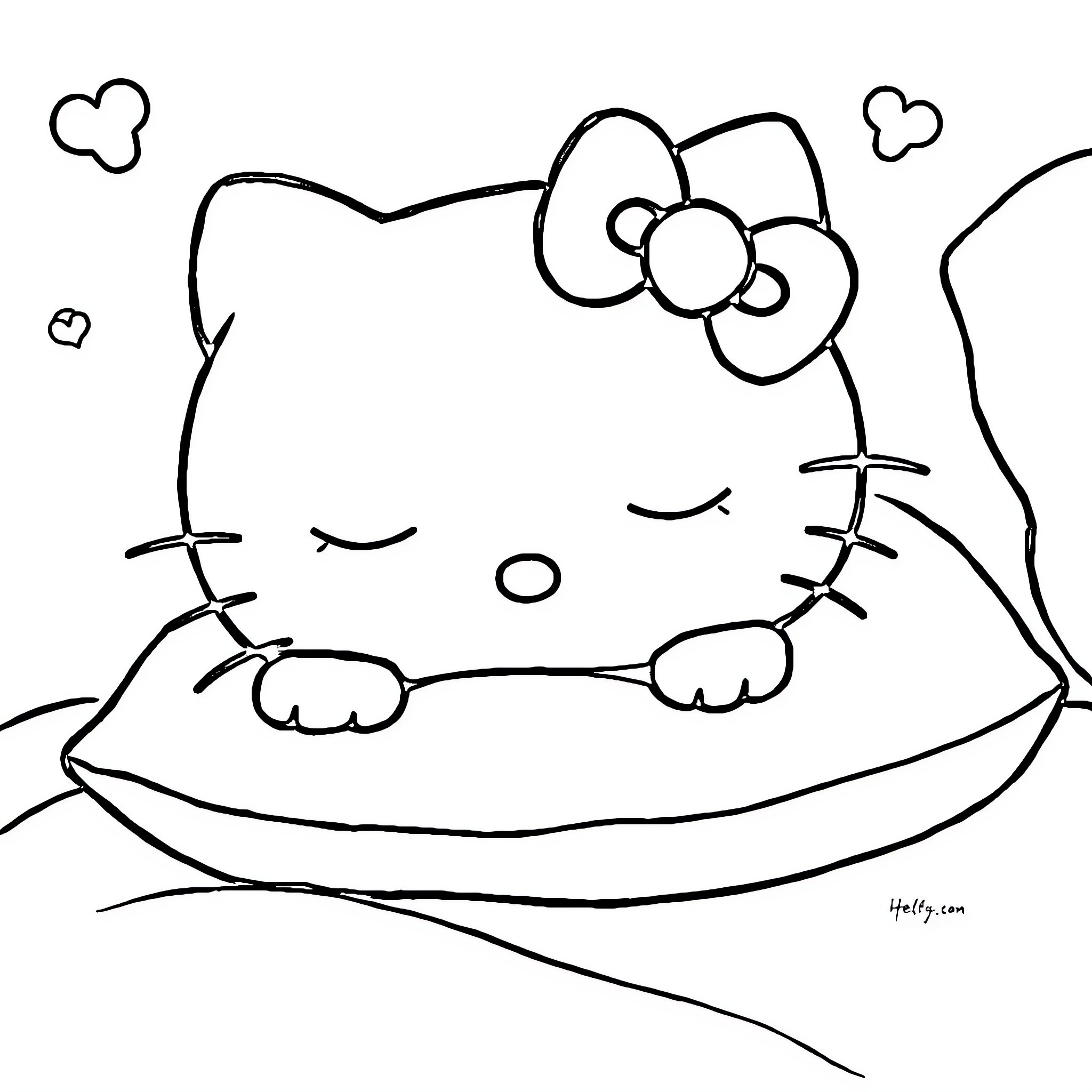 Hello Kitty relaxing on a cloud Coloring Page (free black-and-white line drawing printable PDF for all, from beginners to advanced learners, including children, teens, adults, and seniors)