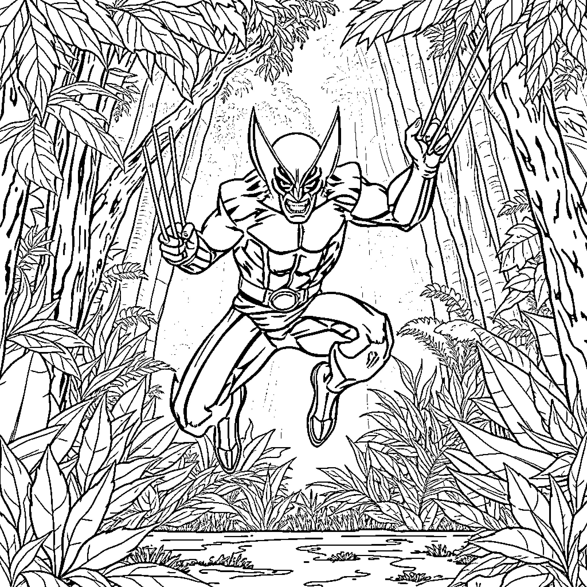Wolverine Leaping Through Jungle Foliage Coloring Page (free black-and-white line drawing printable PDF for all, from beginners to advanced learners, including children, teens, adults, and seniors)