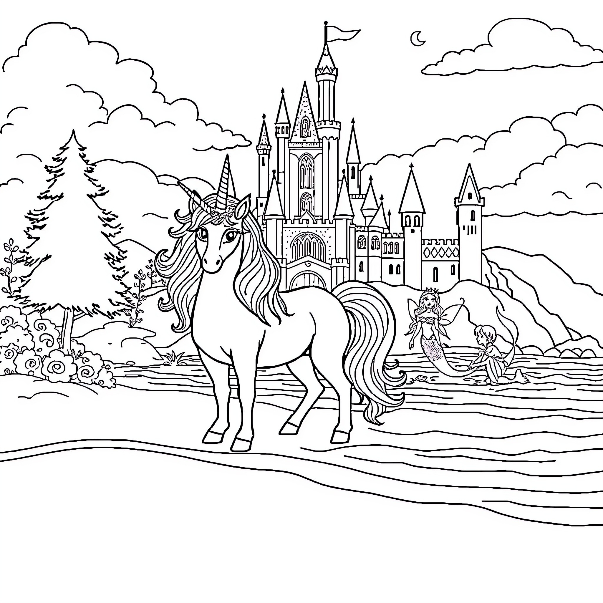Unicorn standing majestically in a fantasy landscape Coloring Page (free black-and-white line drawing printable PDF for all, from beginners to advanced learners, including children, teens, adults, and seniors)