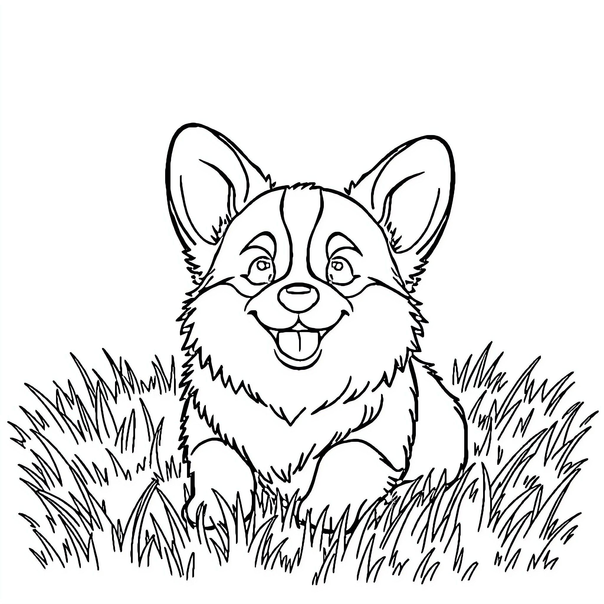 Corgi playing happily in the grass Coloring Page (free black-and-white line drawing printable PDF for all, from beginners to advanced learners, including children, teens, adults, and seniors)