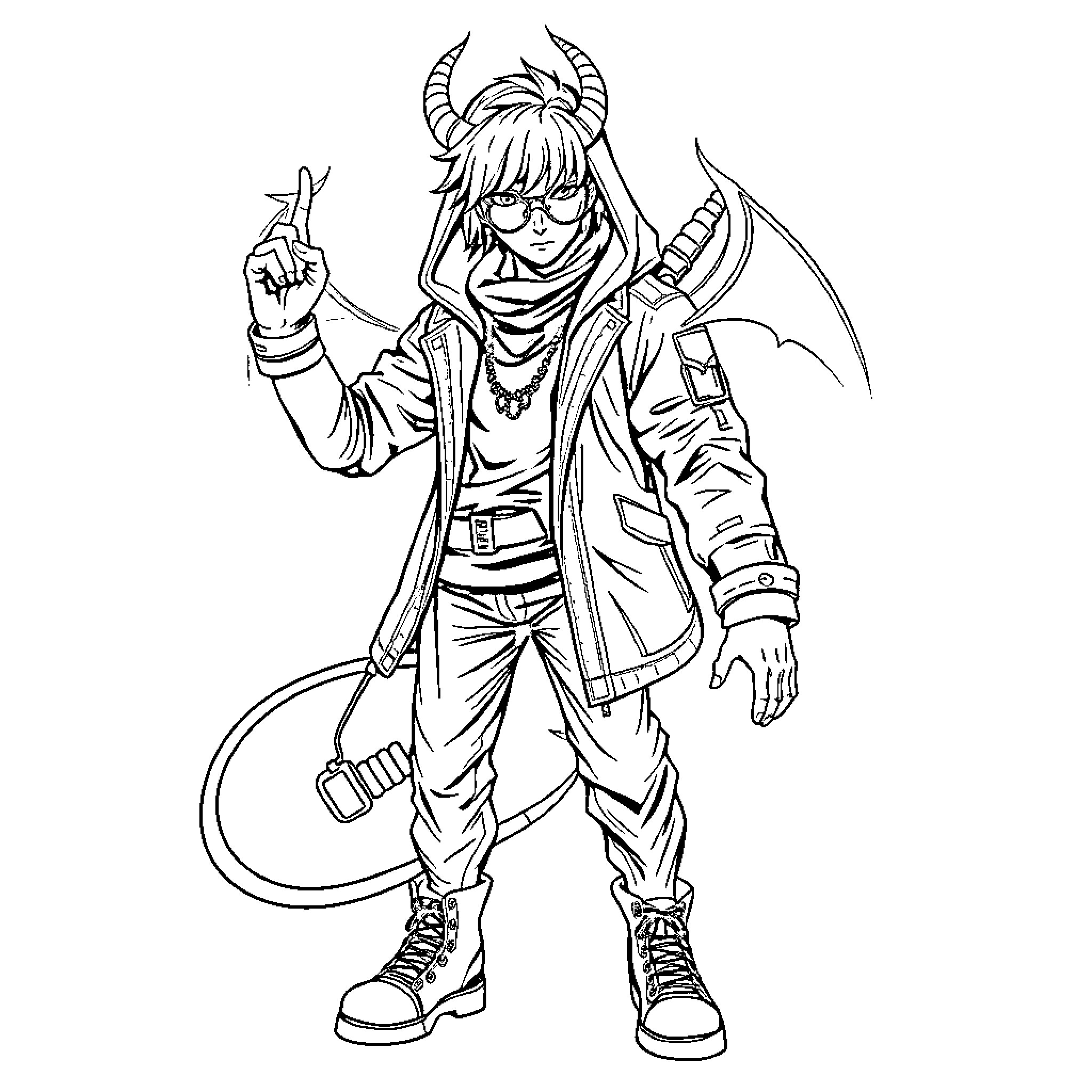 Demon Hunter with Horns Preparing for Battle Coloring Page (free black-and-white line drawing printable PDF for all, from beginners to advanced learners, including children, teens, adults, and seniors)
