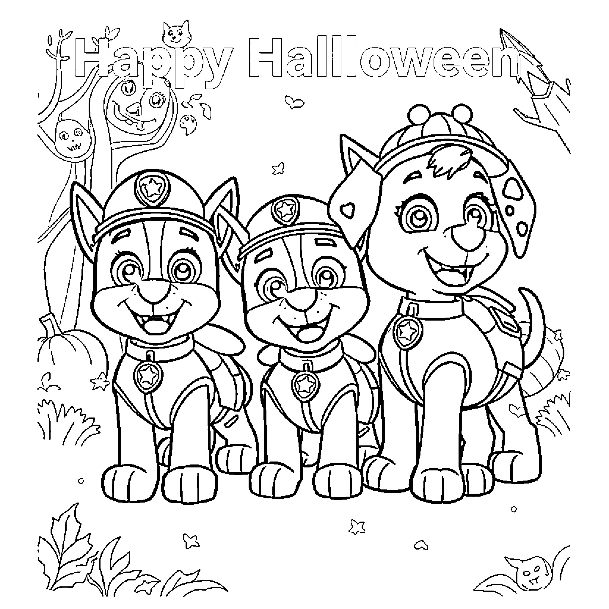Paw Patrol Celebrating Happy Halloween Coloring Page (free black-and-white line drawing printable PDF for all, from beginners to advanced learners, including children, teens, adults, and seniors)