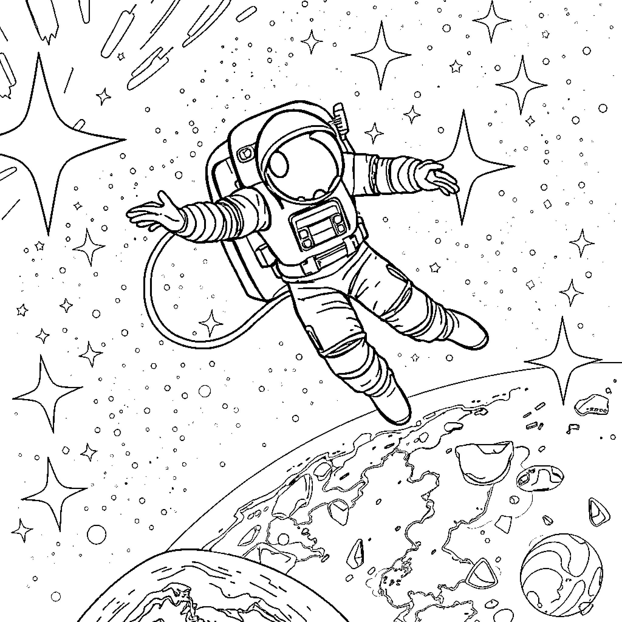 Astronaut floating in the cosmic landscape Coloring Page (free black-and-white line drawing printable PDF for all, from beginners to advanced learners, including children, teens, adults, and seniors)