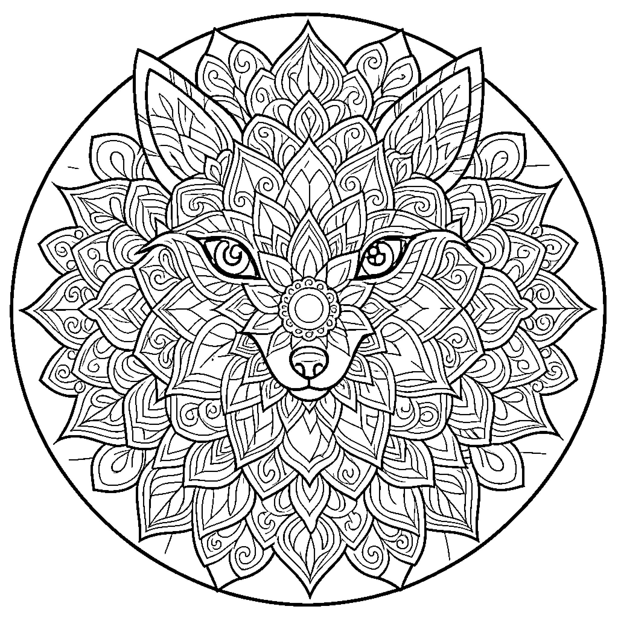 Fox with intricate mandala-style design Coloring Page (free black-and-white line drawing printable PDF for all, from beginners to advanced learners, including children, teens, adults, and seniors)