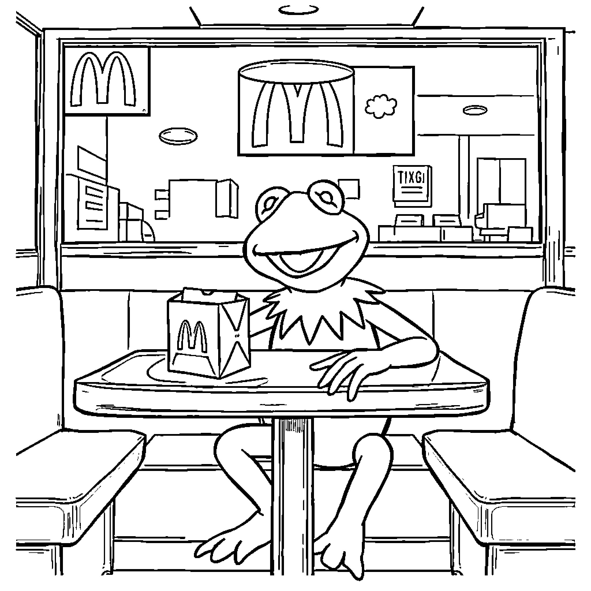 Kermit enjoying a meal at McDonald's Coloring Page (free black-and-white line drawing printable PDF for all, from beginners to advanced learners, including children, teens, adults, and seniors)
