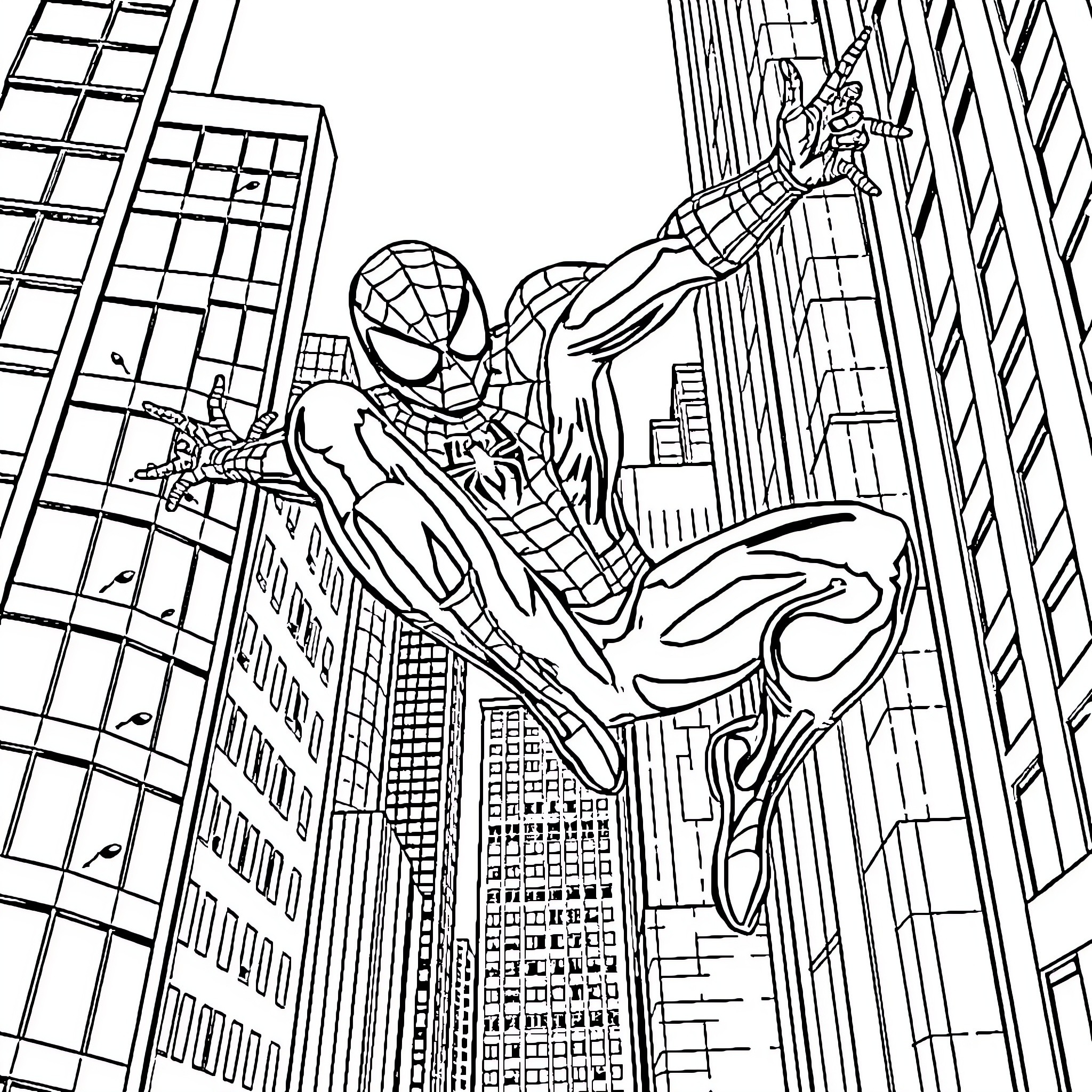 Spiderman swinging through the city skyline Coloring Page (free black-and-white line drawing printable PDF for all, from beginners to advanced learners, including children, teens, adults, and seniors)