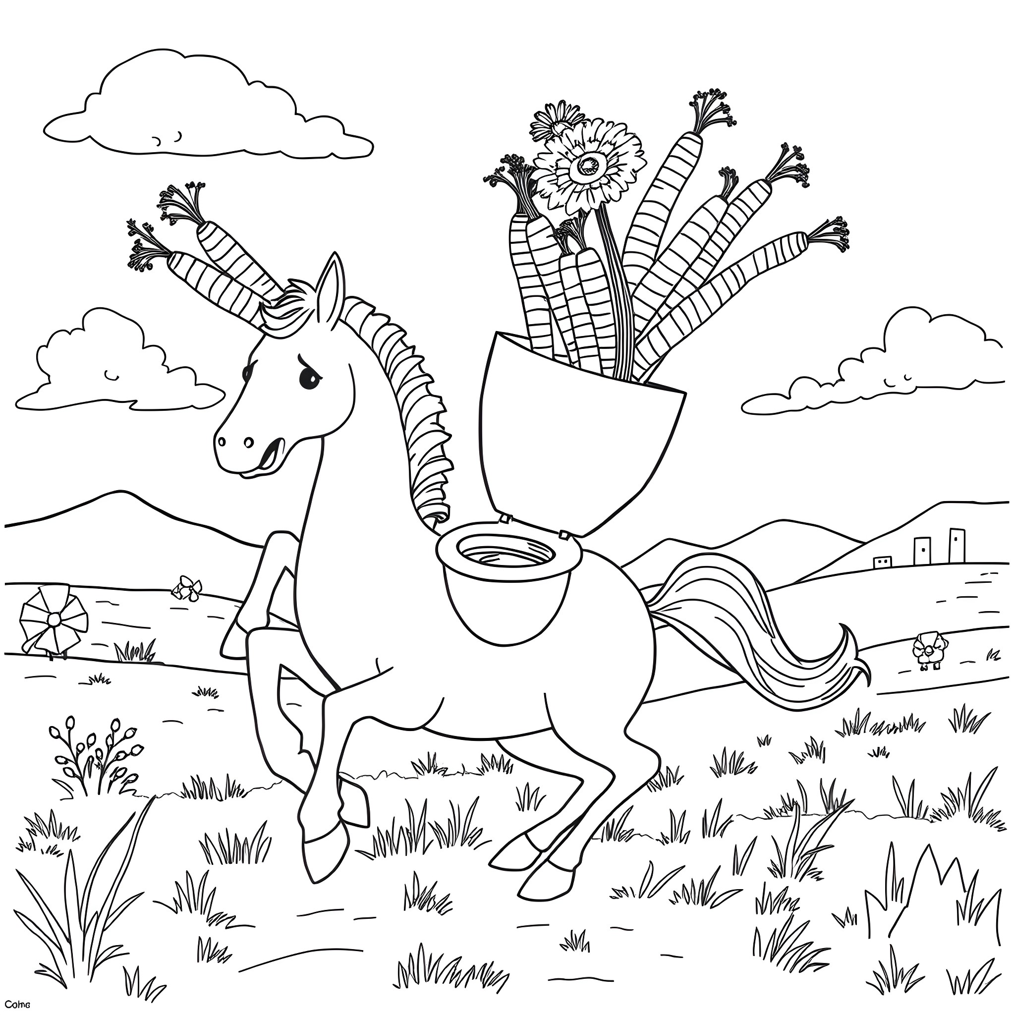 Toilet adventure with a magical unicorn in the landscape Coloring Page (free black-and-white line drawing printable PDF for all, from beginners to advanced learners, including children, teens, adults, and seniors)